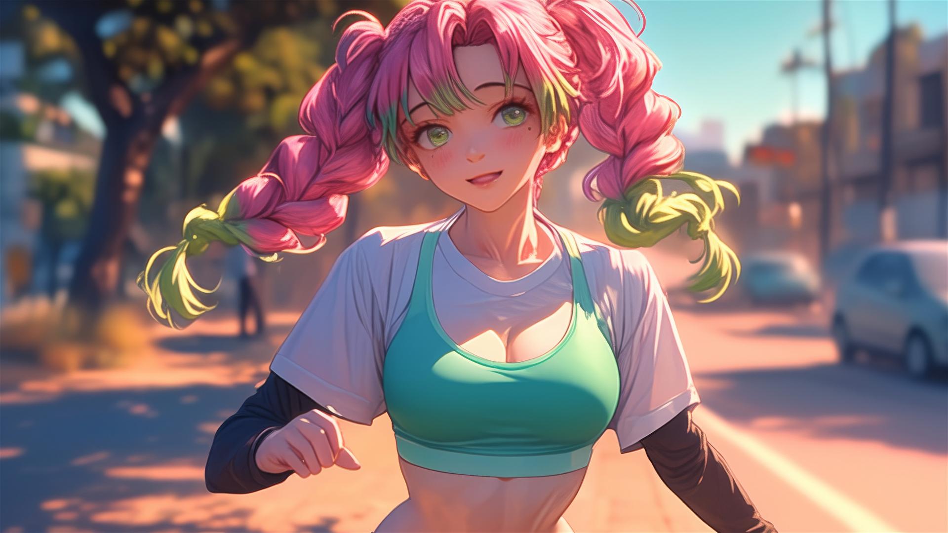 Mitsuri Kanroji running in a modern park at sunrise with warm light