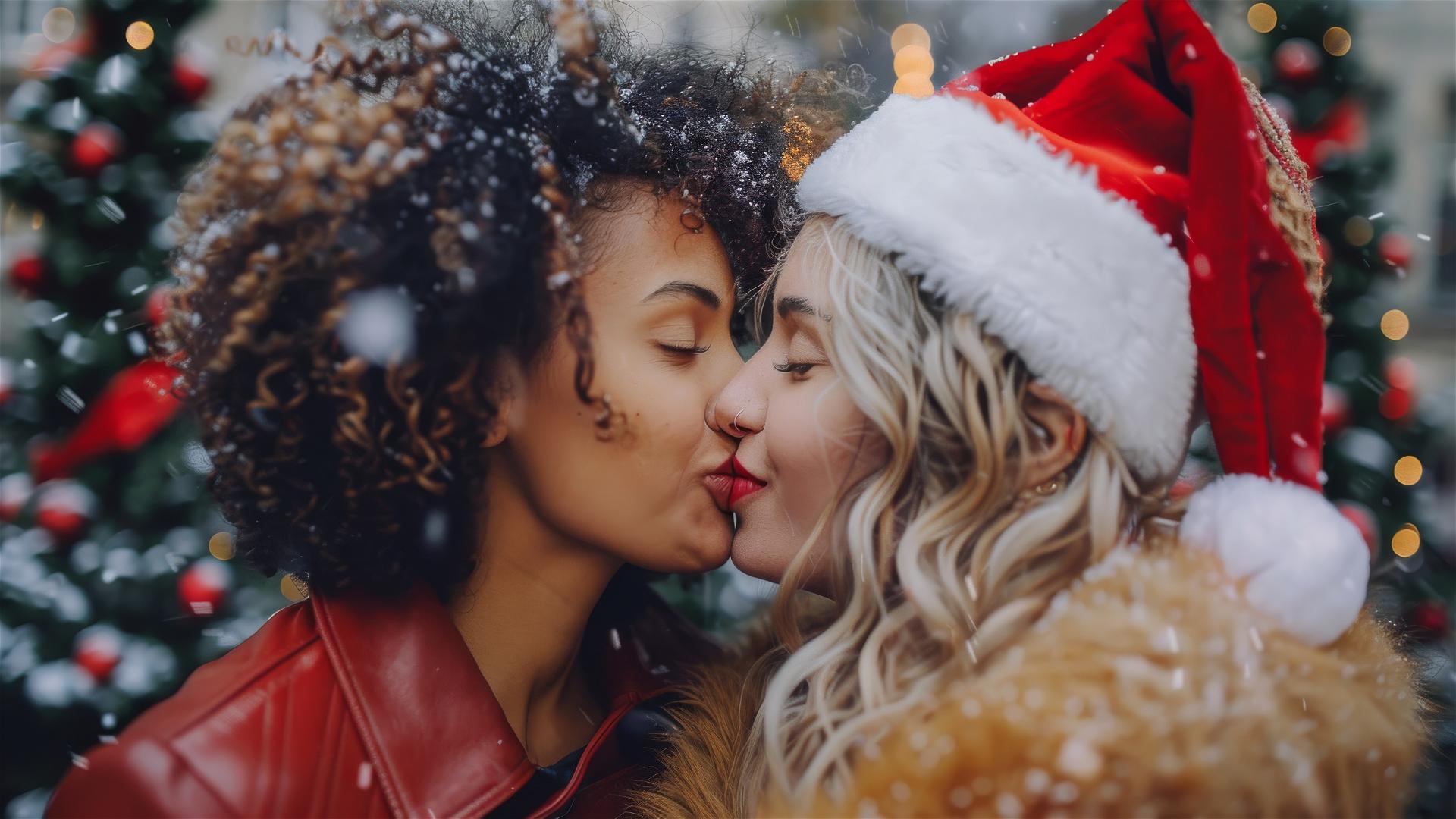 Two women kissing in Christmas outfits
