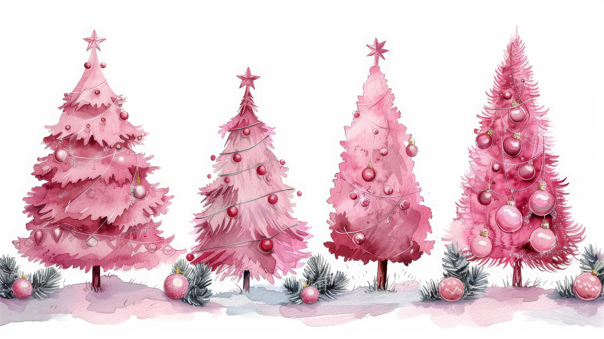 Four decorated pink Christmas trees on a white background