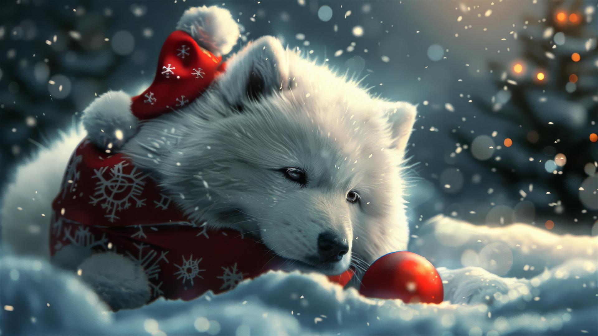 A realistic depiction of a lovely small Samoyed dog with a Happy New Year theme.