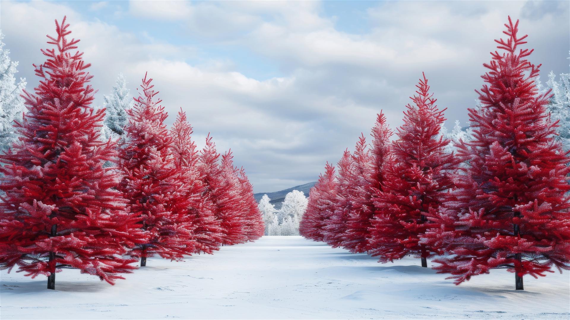 Red Christmas trees covered in snow in Colorado
