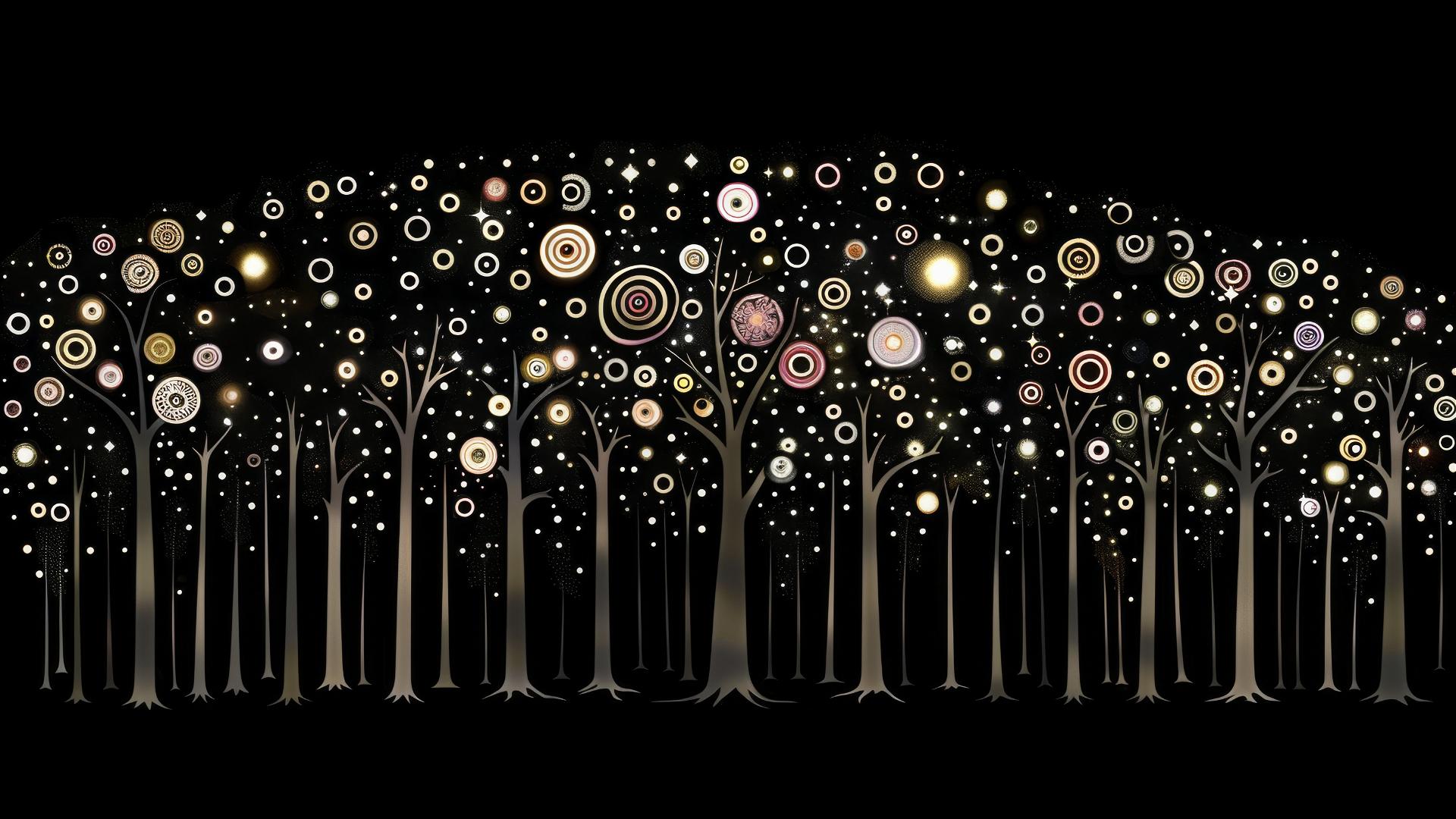 Forest scene illustration with hidden creatures, autumn leaves, and stars under a sunset.