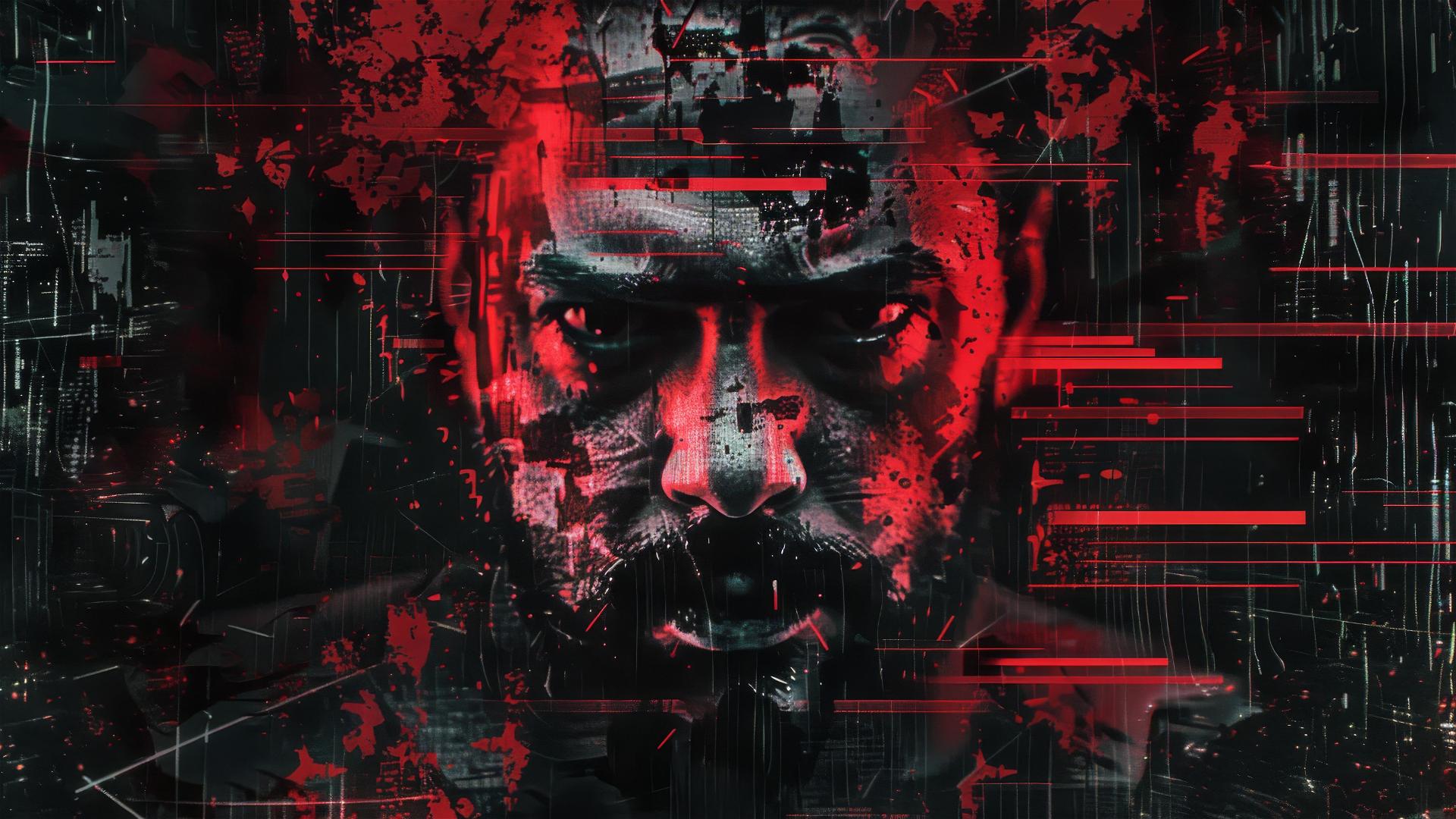 Creepy VHS glitch collage of a bearded man with red cybernetic eyes, neon accents, against a cosmic backdrop