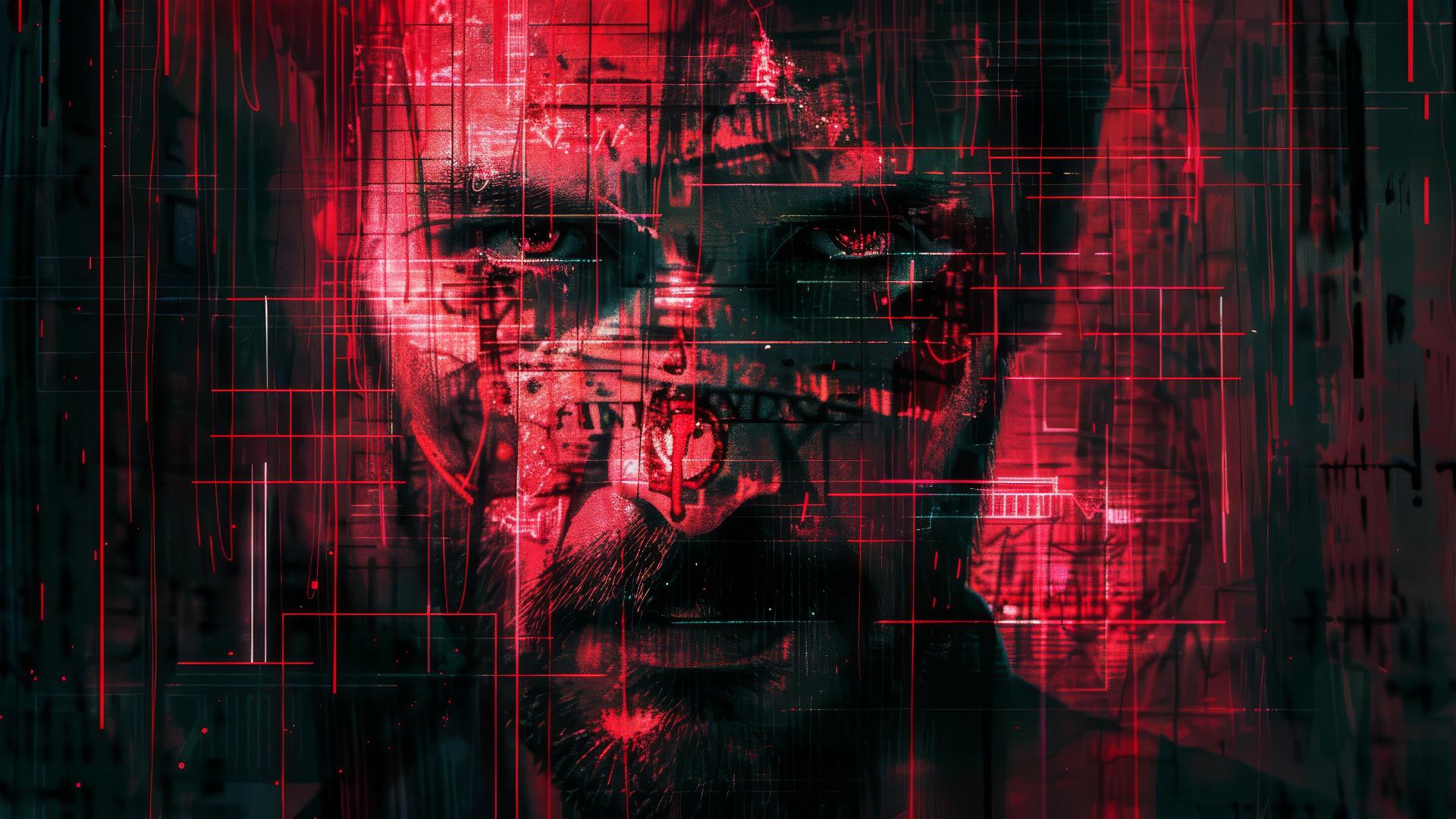 Creepy bearded man resembling John Wick with red cyber eyes, against a black cosmic background.