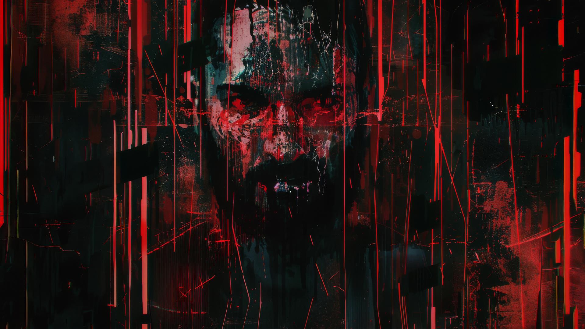 Creepy VHS glitch collage of a bearded man with red cybernetic eyes and drippy distortions.