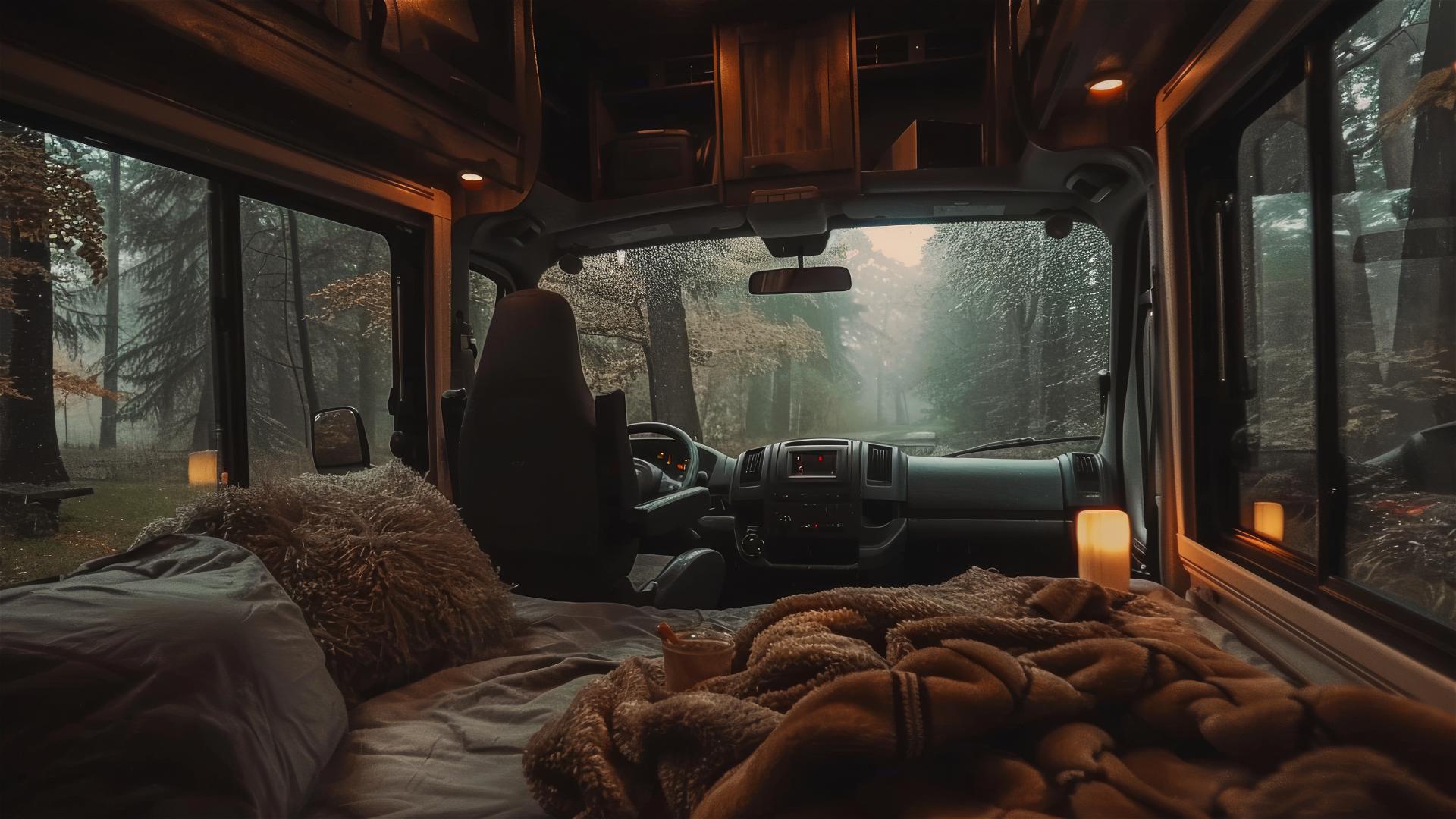 Cozy RV interior on a rainy day