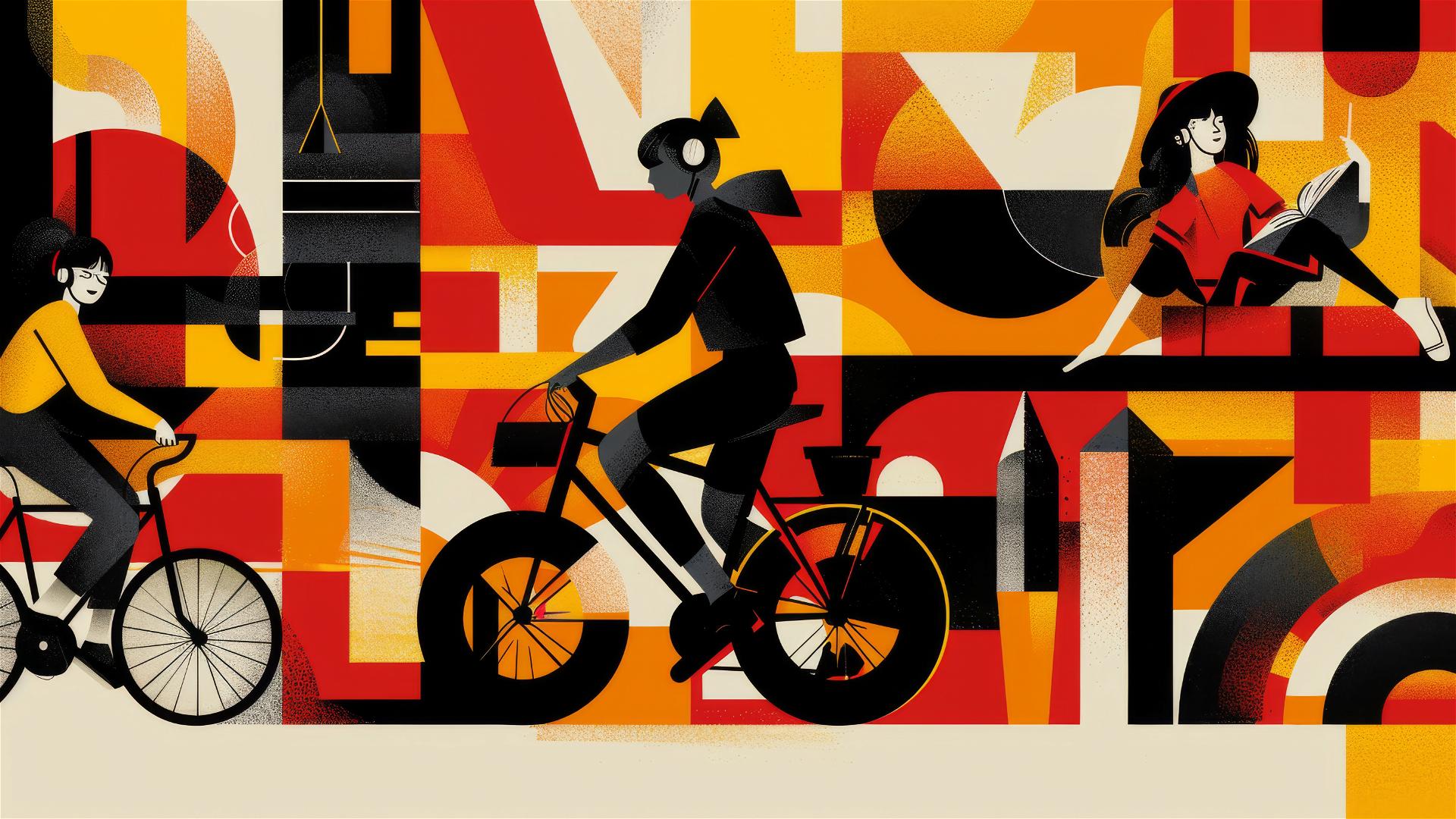 Geometric shapes background with a bicyclist, a dancing girl, and a reading girl in monochrome.
