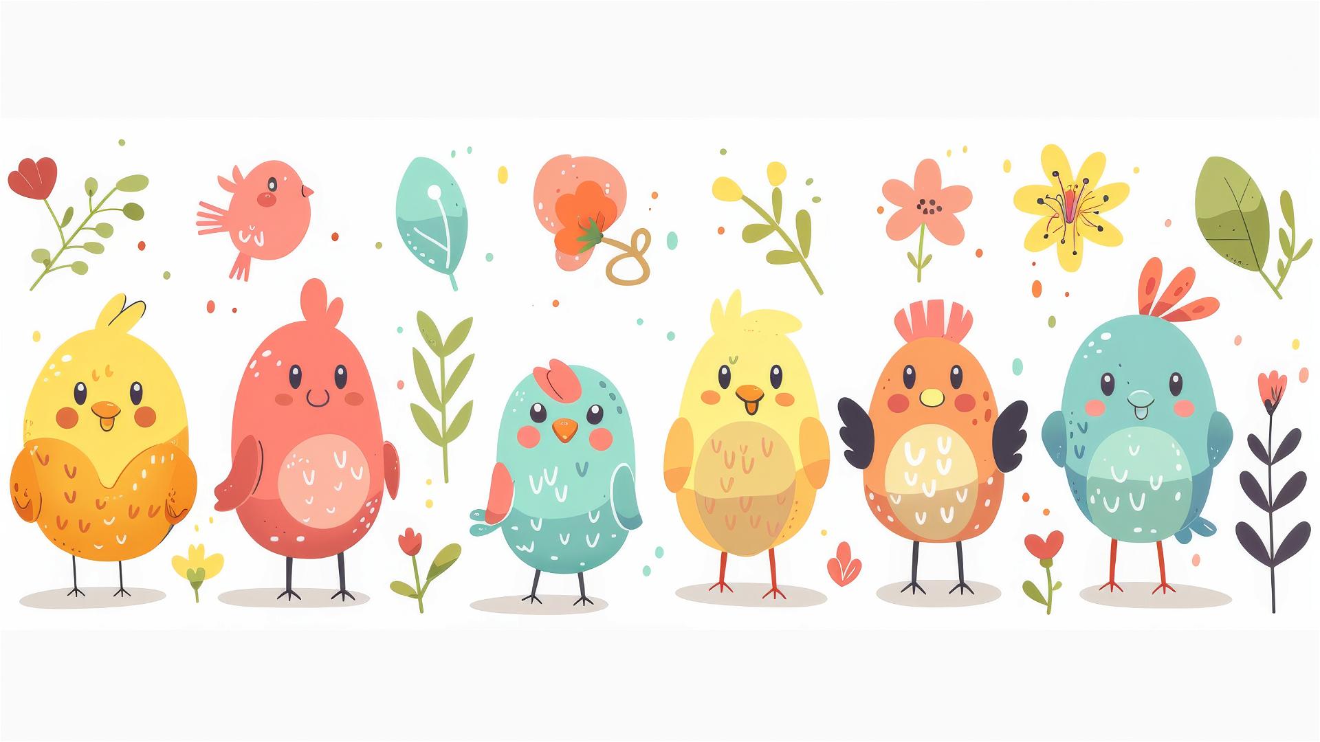 Cute kawaii doodle icons in pastel colors with hens, flowers, seeds, and faces.