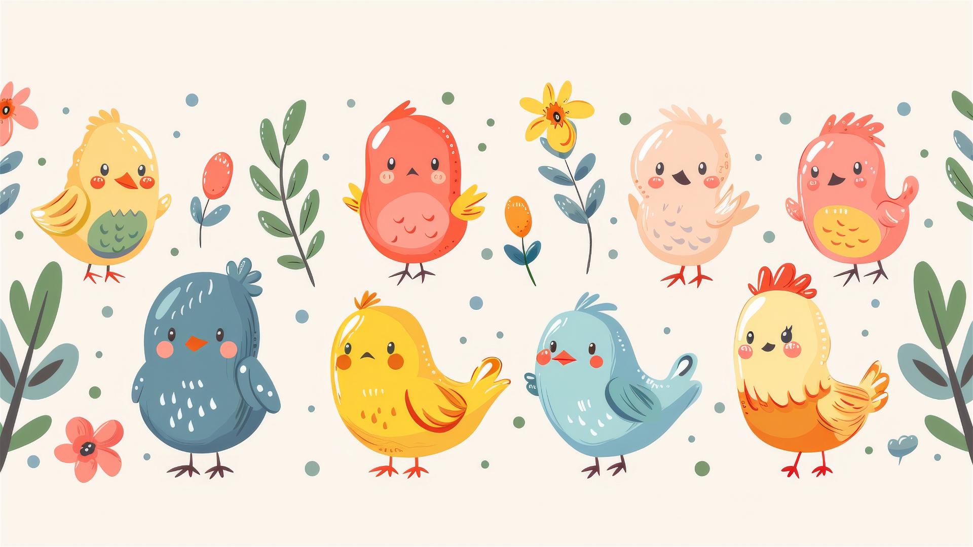 Kawaii hens, flowers, seeds doodle in pastel on white