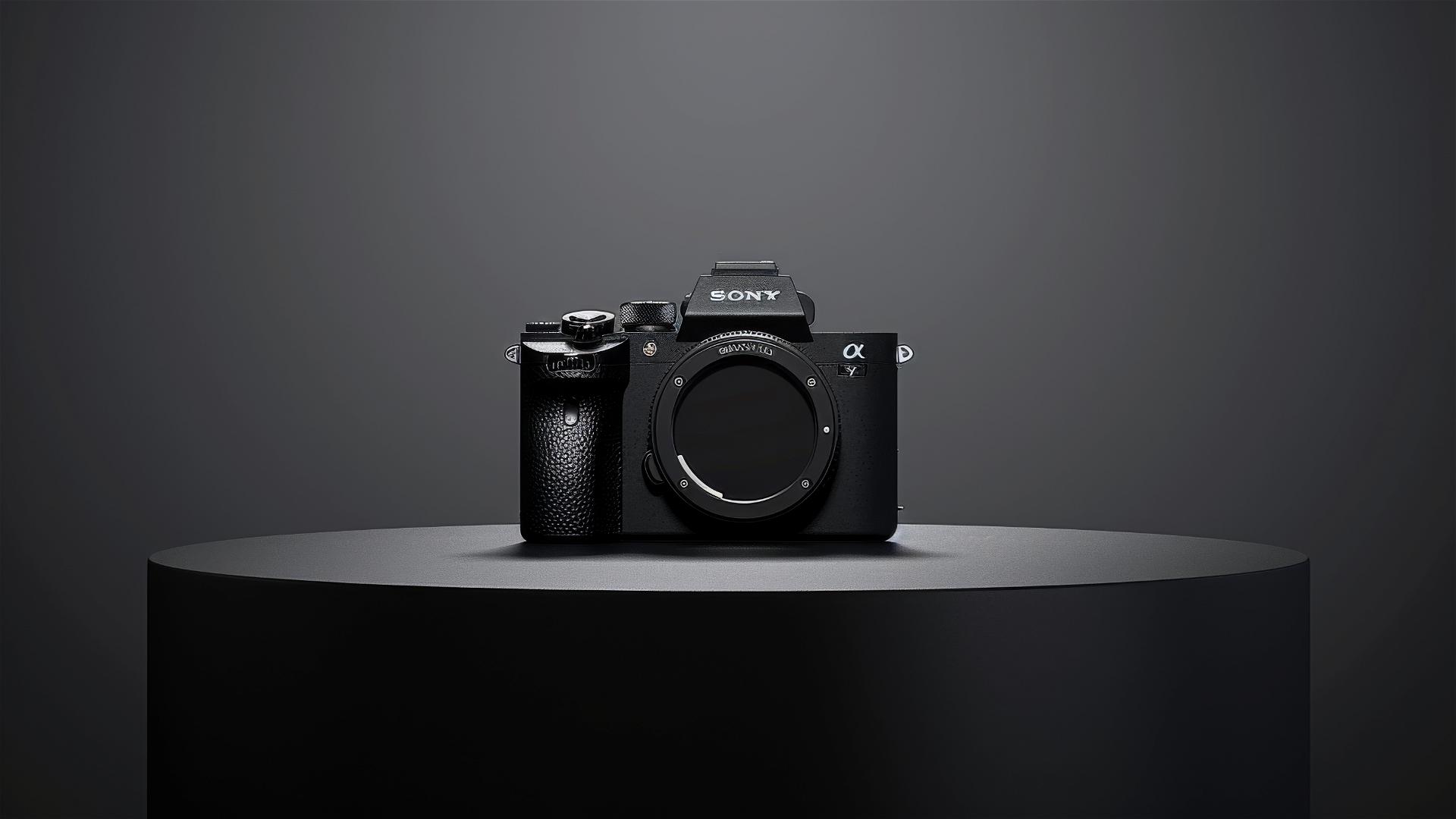 Sony camera on a black and white table under studio lights