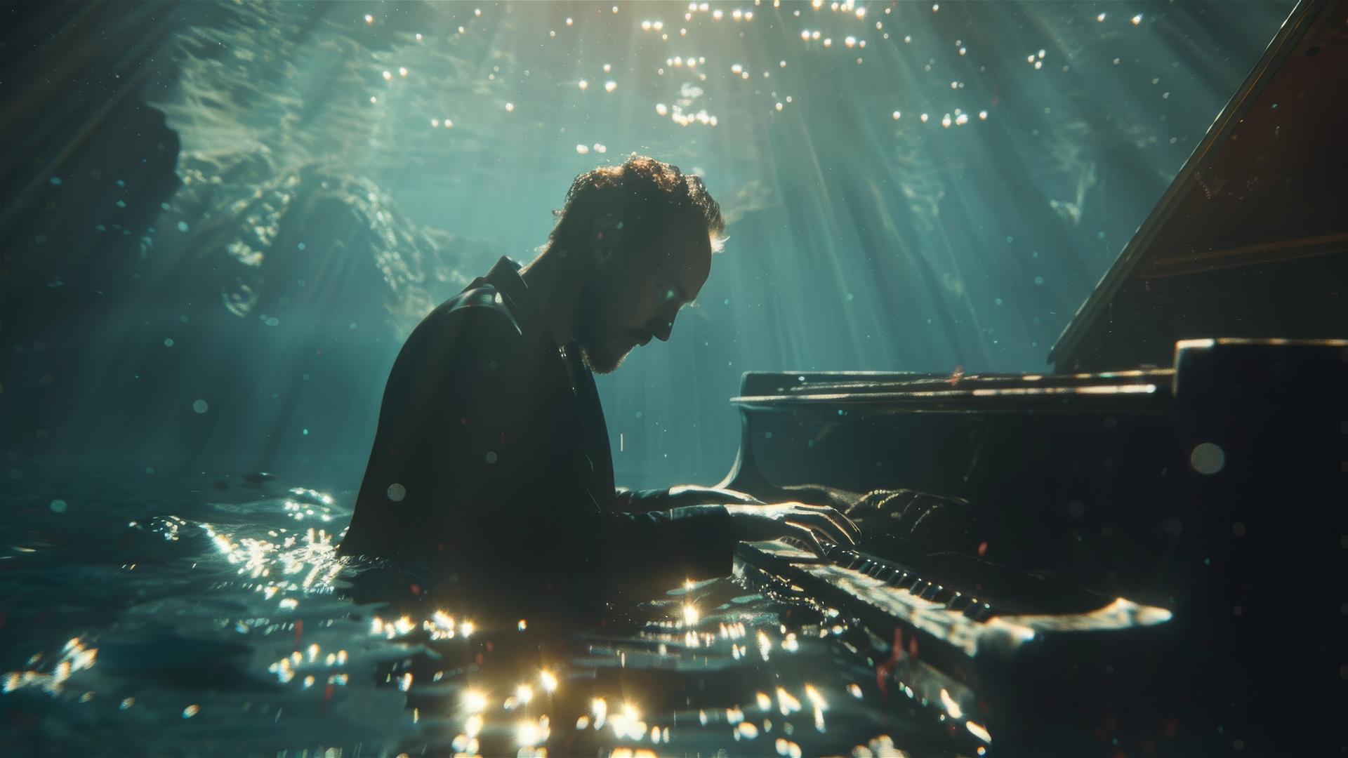 Thom Yorke playing piano underwater with refracted lights