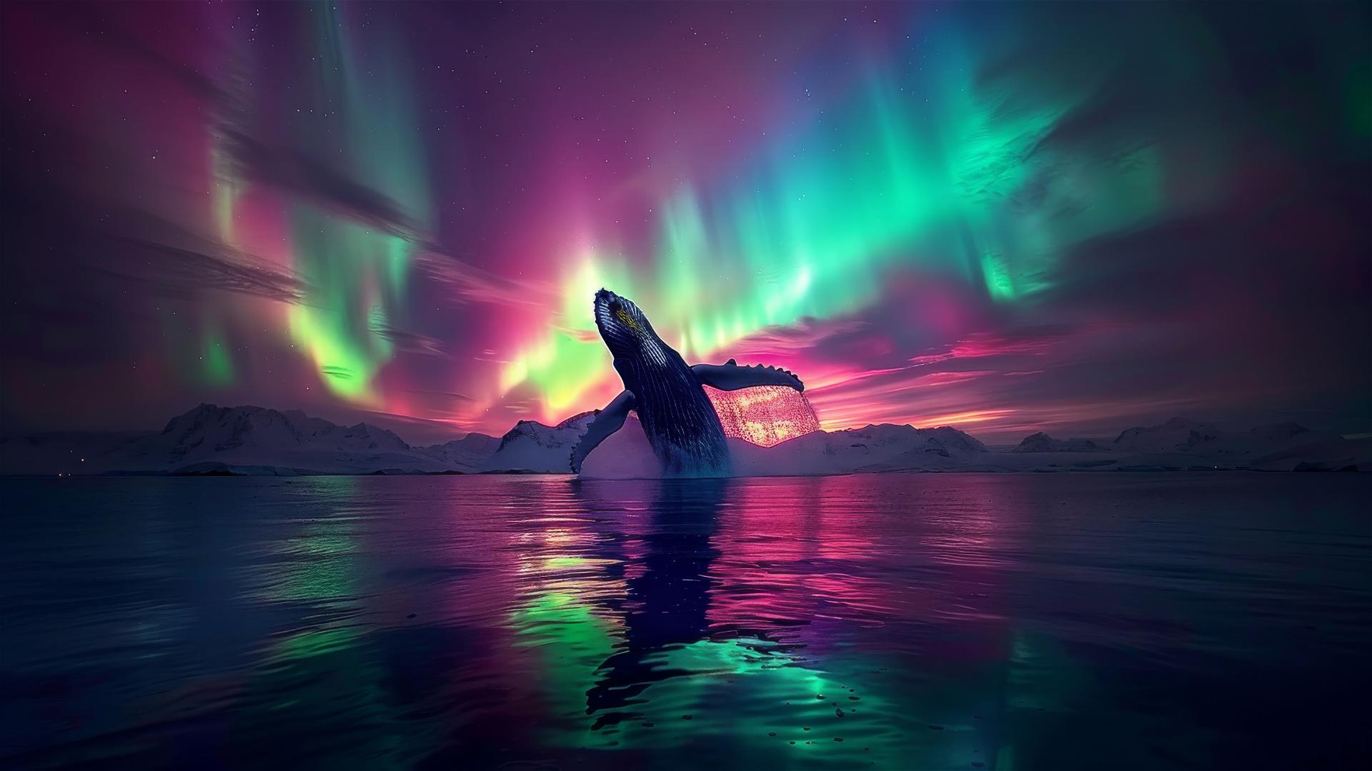 Humpback whale breaching beneath aurora borealis at night