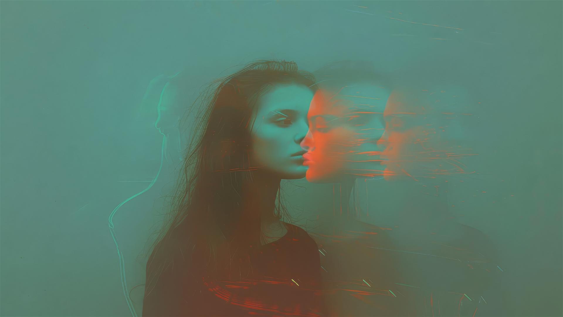 Dual figures with ethereal light, soft focus, and neon shadows.
