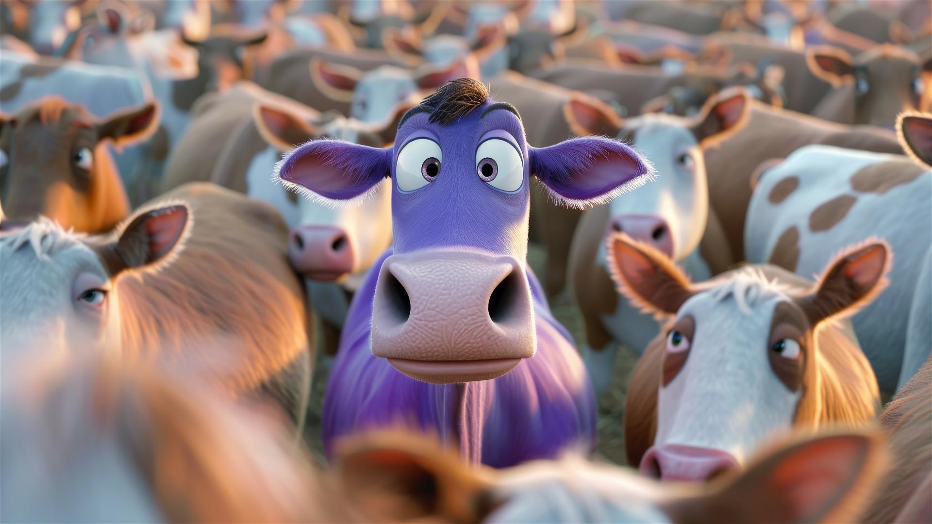 A unique purple cow among plain colored cows, Disney Pixar style, 3D, cute, colorful.