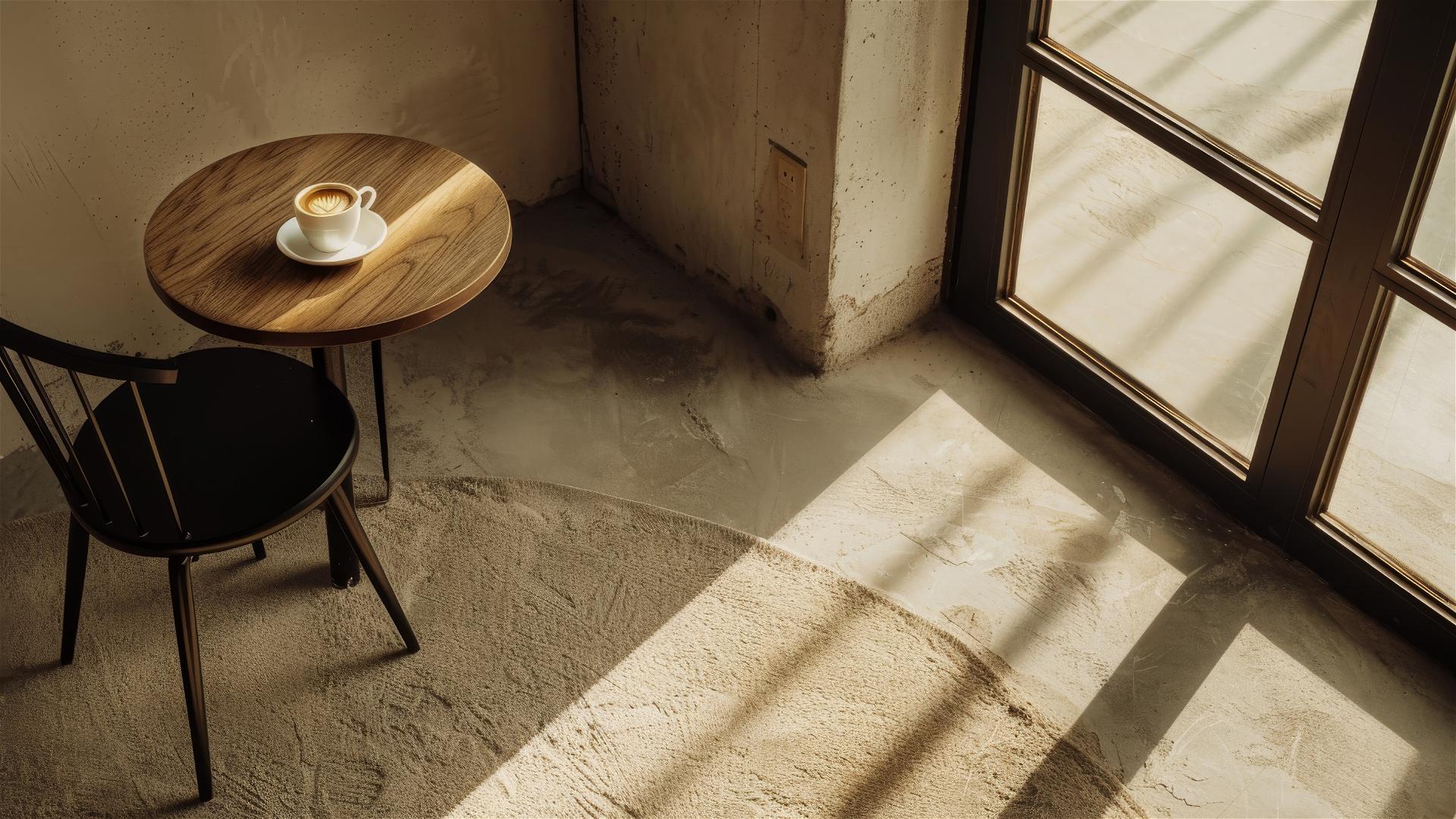 Minimalist coffee shop with sunlight, black chair, wooden table, white coffee cup