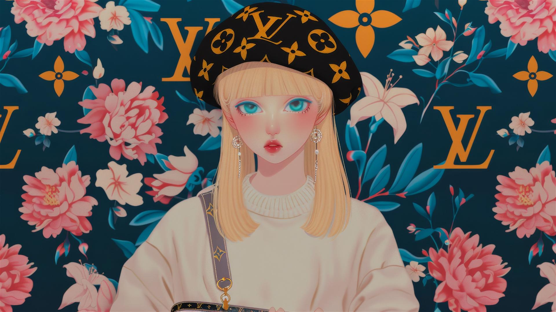 Blonde girl with blue eyes in a Louis Vuitton beret, floral background