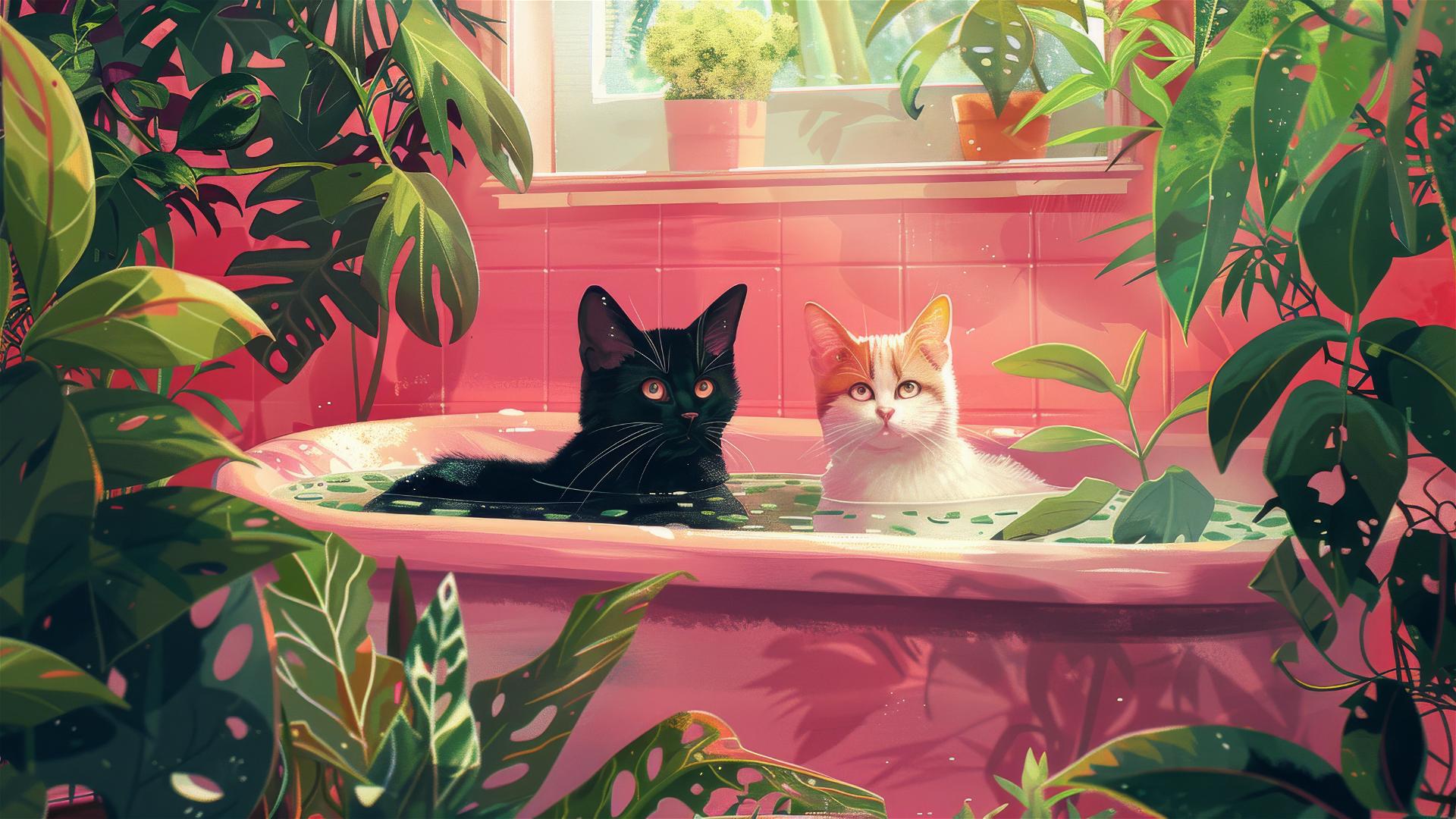 cats in a bathtub with leaves and plants in a preppy pink cottagecore bathroom