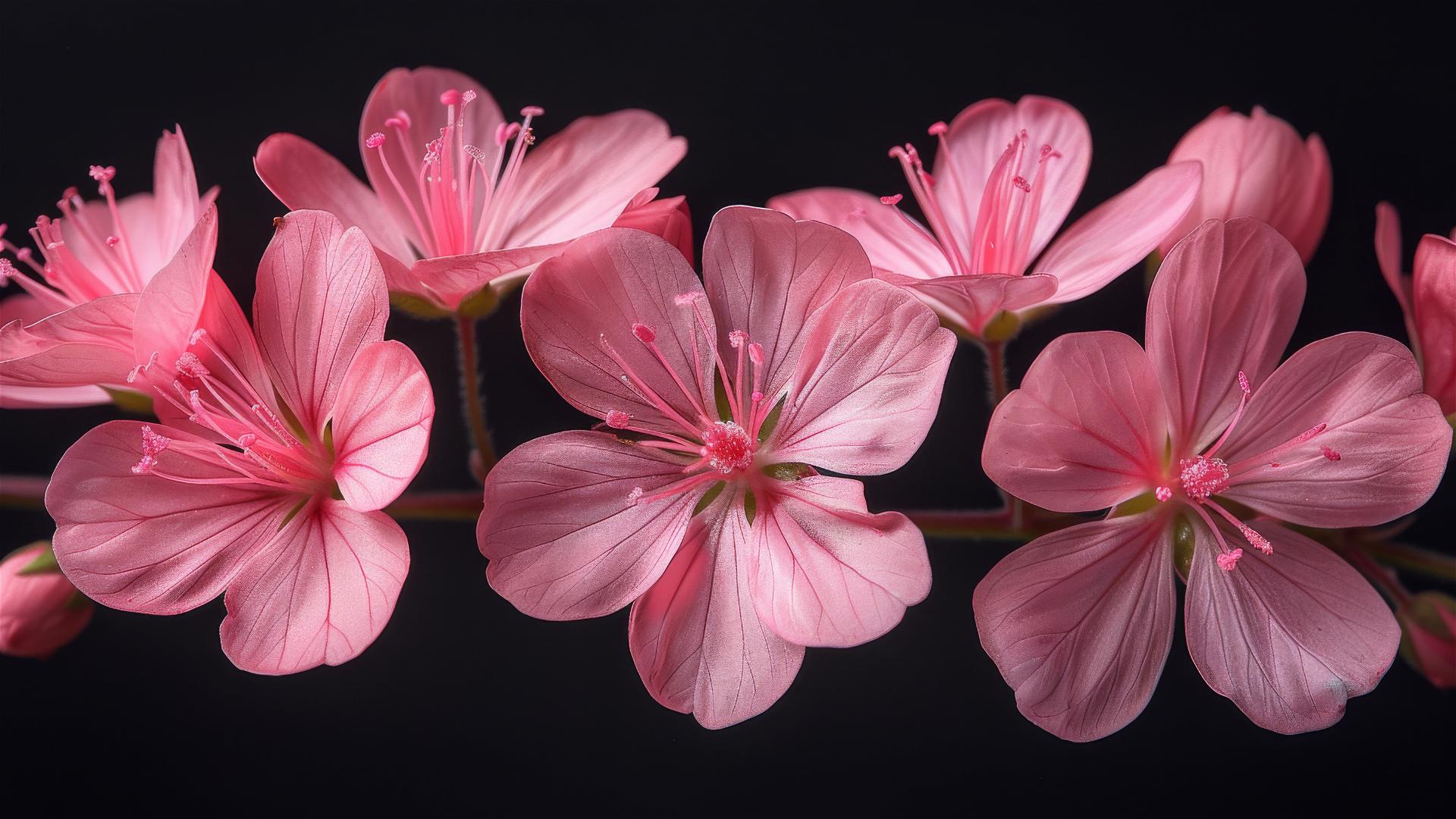 Pink wildflowers with six petals in full bloom against a black background.