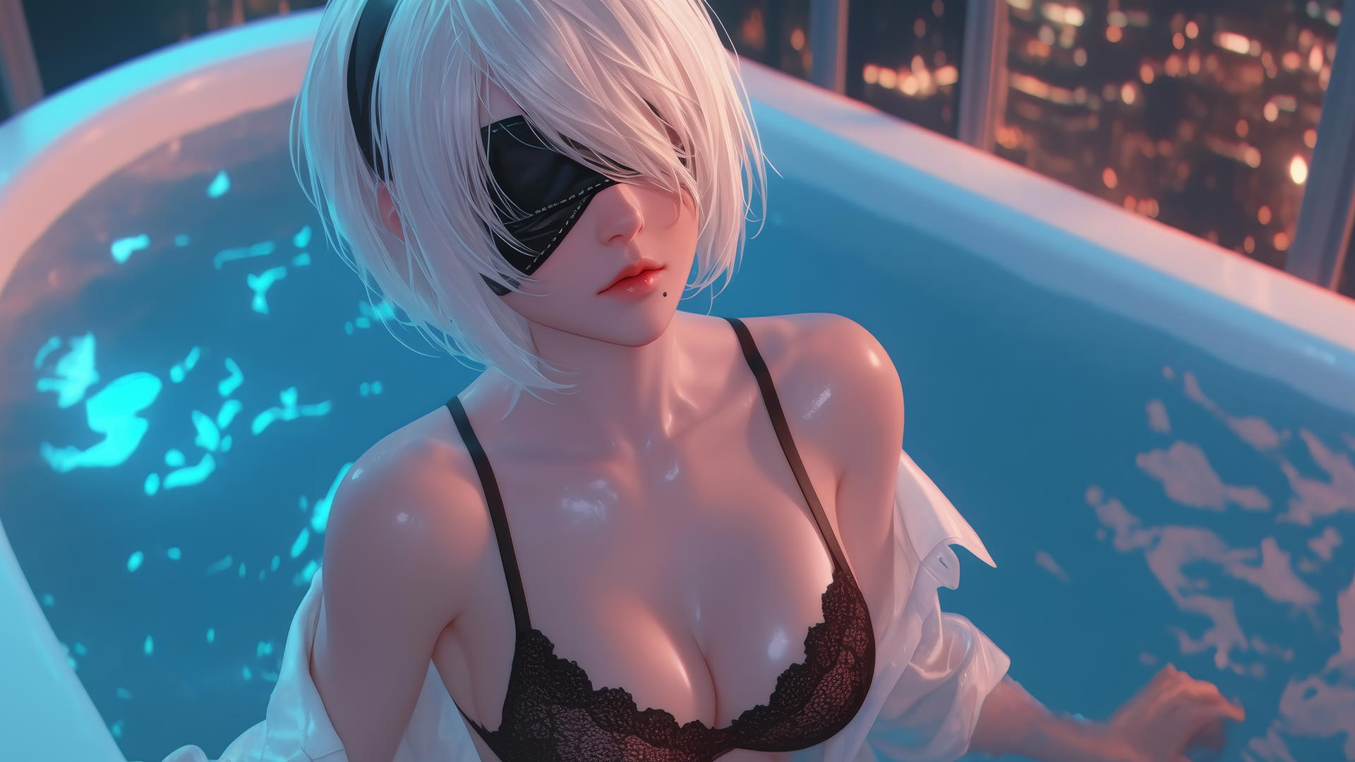 2B from Nier, wearing a white shirt and black blindfold, in neon-lit hotel room