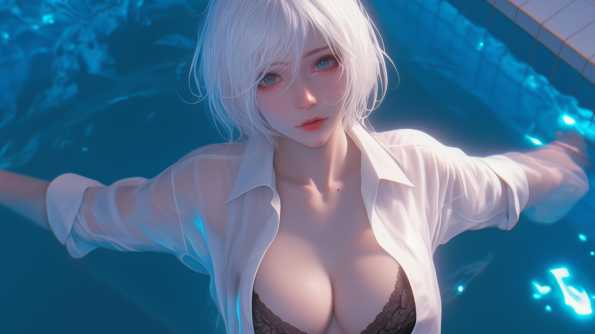 2B from Nier seen from above, in white shirt, black blindfold, neon-lit room