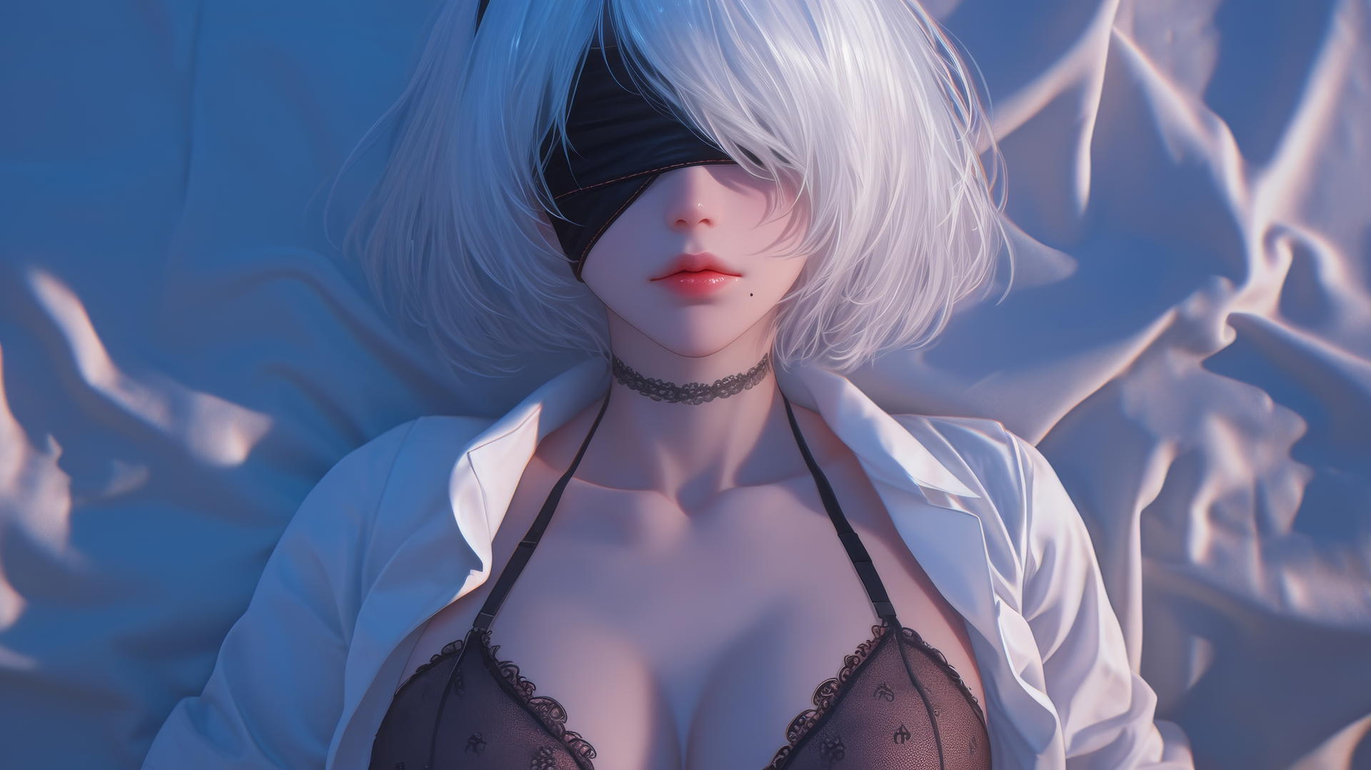 2B from Nier in a white office shirt, black blindfold, neon-lit hotel room.