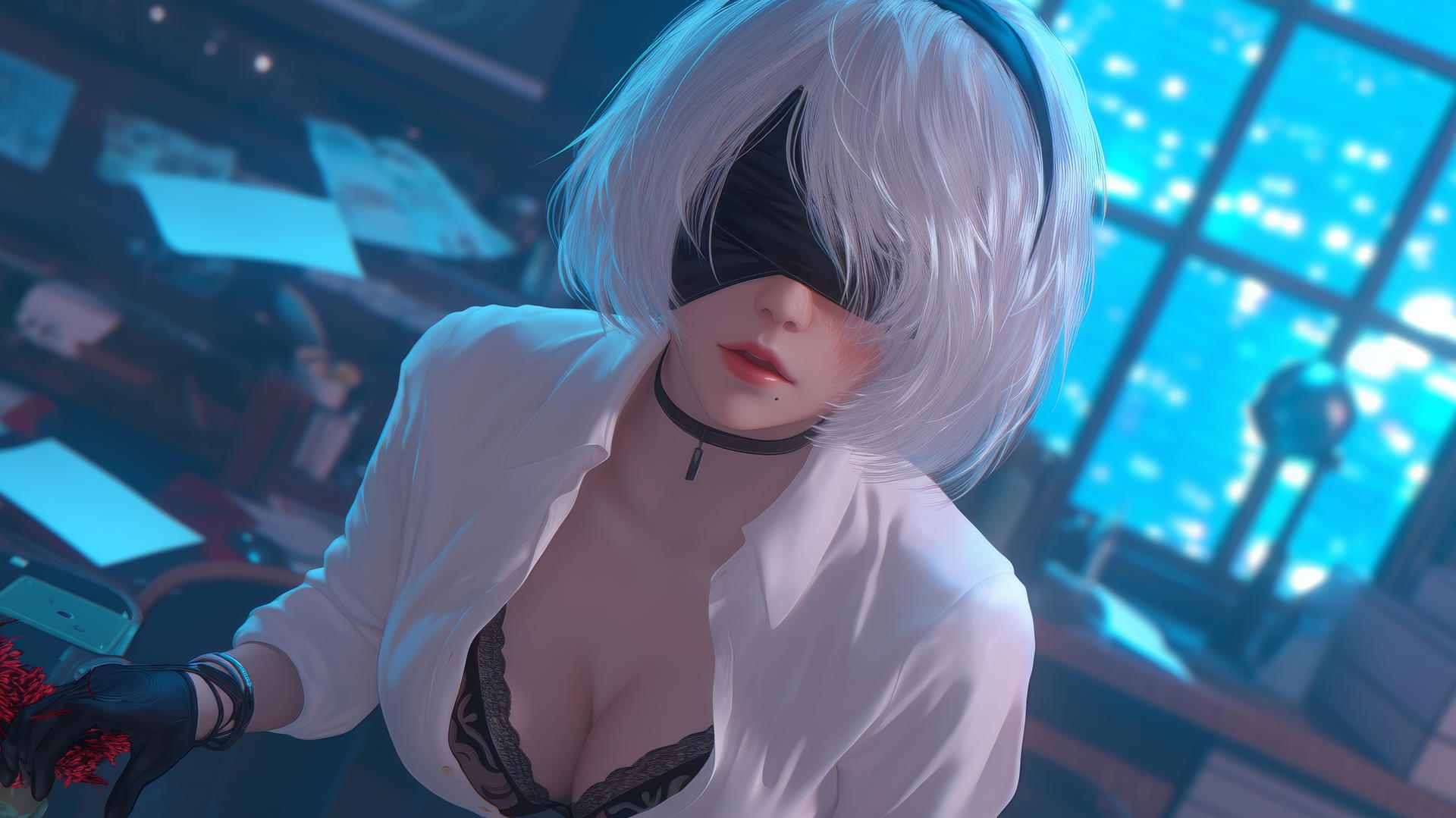 2B from Nier seen from above, wearing white office shirt, black blindfold, in a neon-lit modern hotel room.