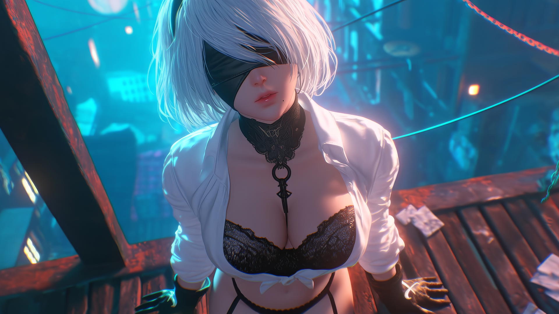 2B from Nier seen from above, kneeling, in white office shirt, with black blindfold, in neon-lit hotel room.
