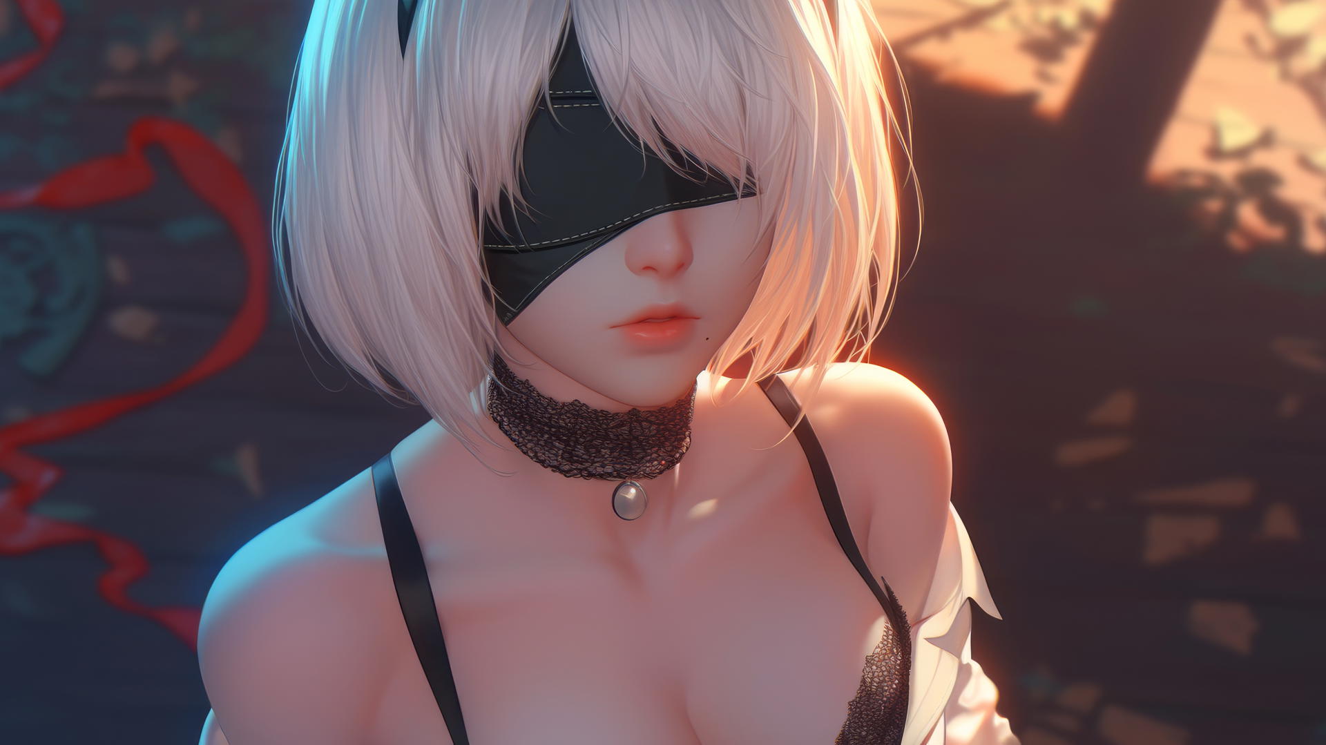 2B from Nier kneeling in a white office shirt with black blindfold, neon-lit hotel room.