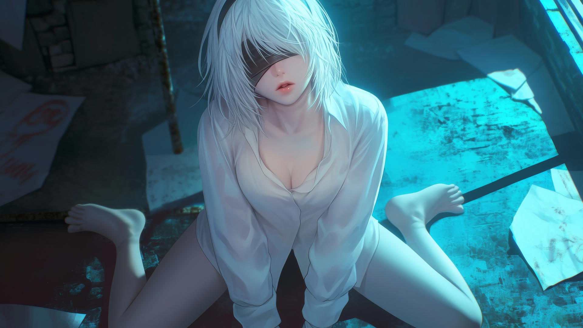 2B from Nier seen from above, kneeling with mouth open, in a white office shirt and black blindfold, under neon light.