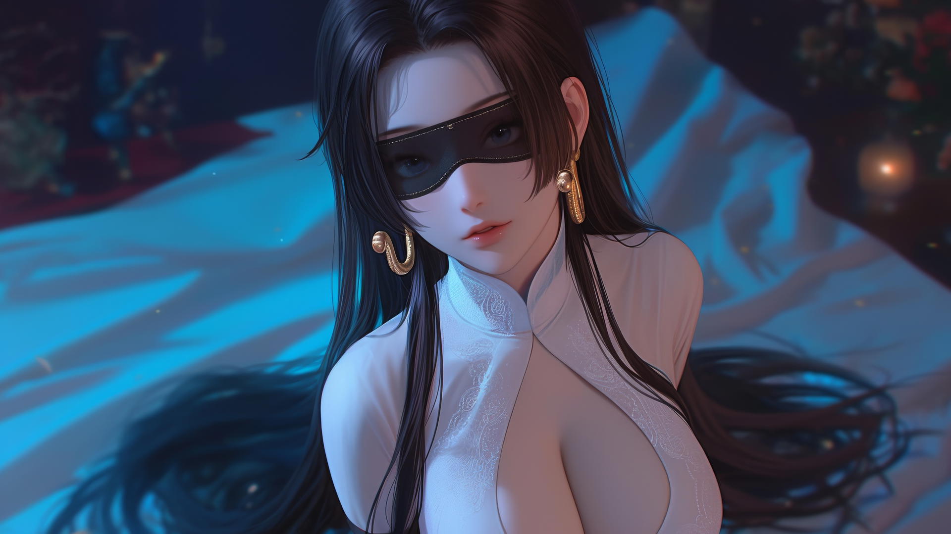 Boa Hancock kneeling with a blindfold in a neon-lit hotel room.