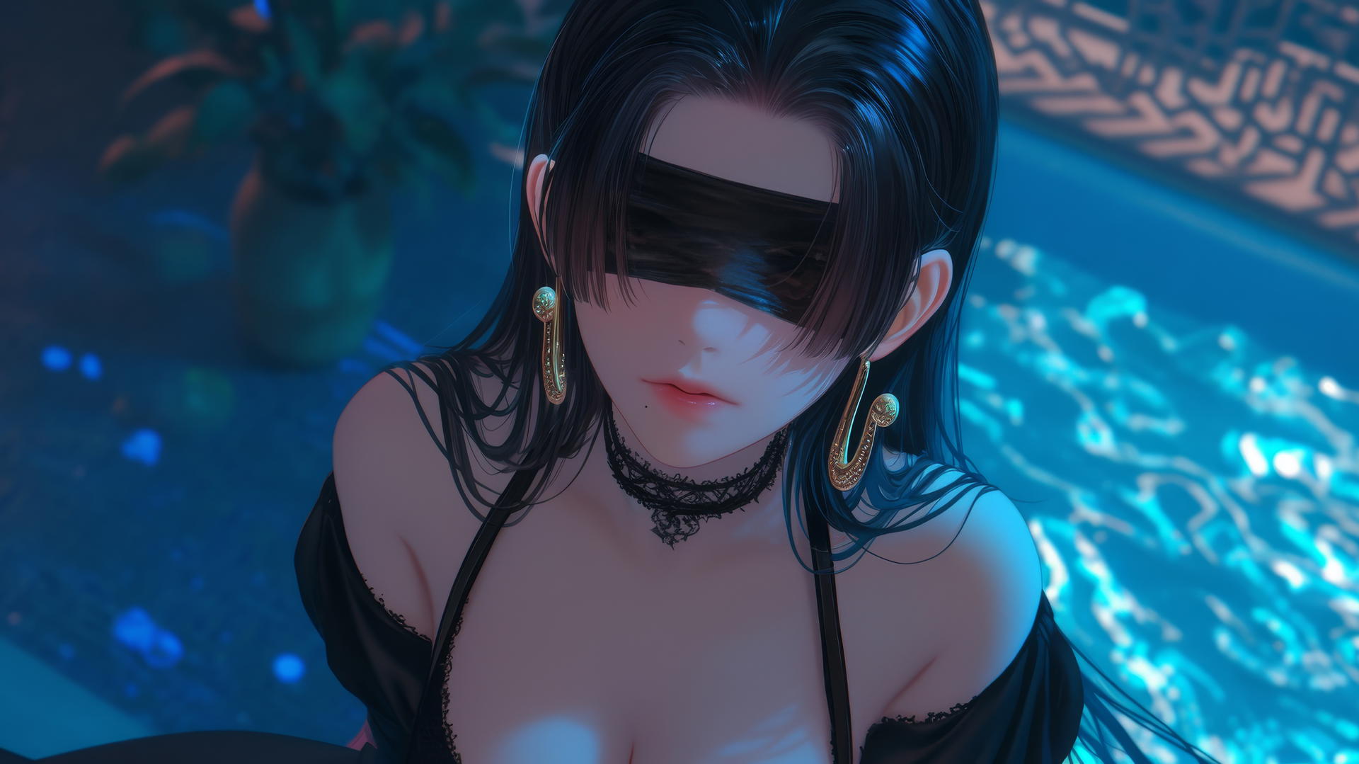 Boa Hancock kneeling with a blindfold covering her eyes, illuminated by neon light in a hotel room.