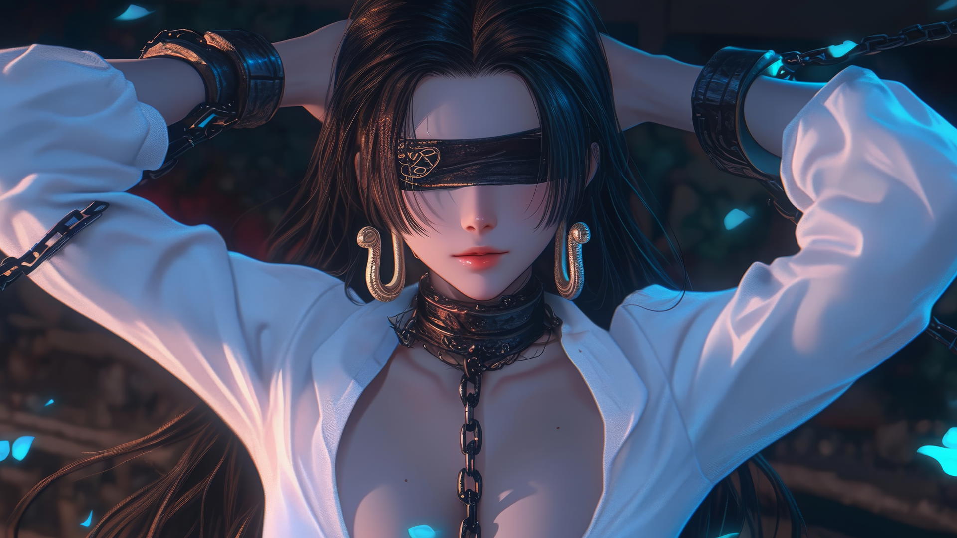 Boa Hancock from One Piece kneeling, blindfolded, in a neon-lit modern hotel room.