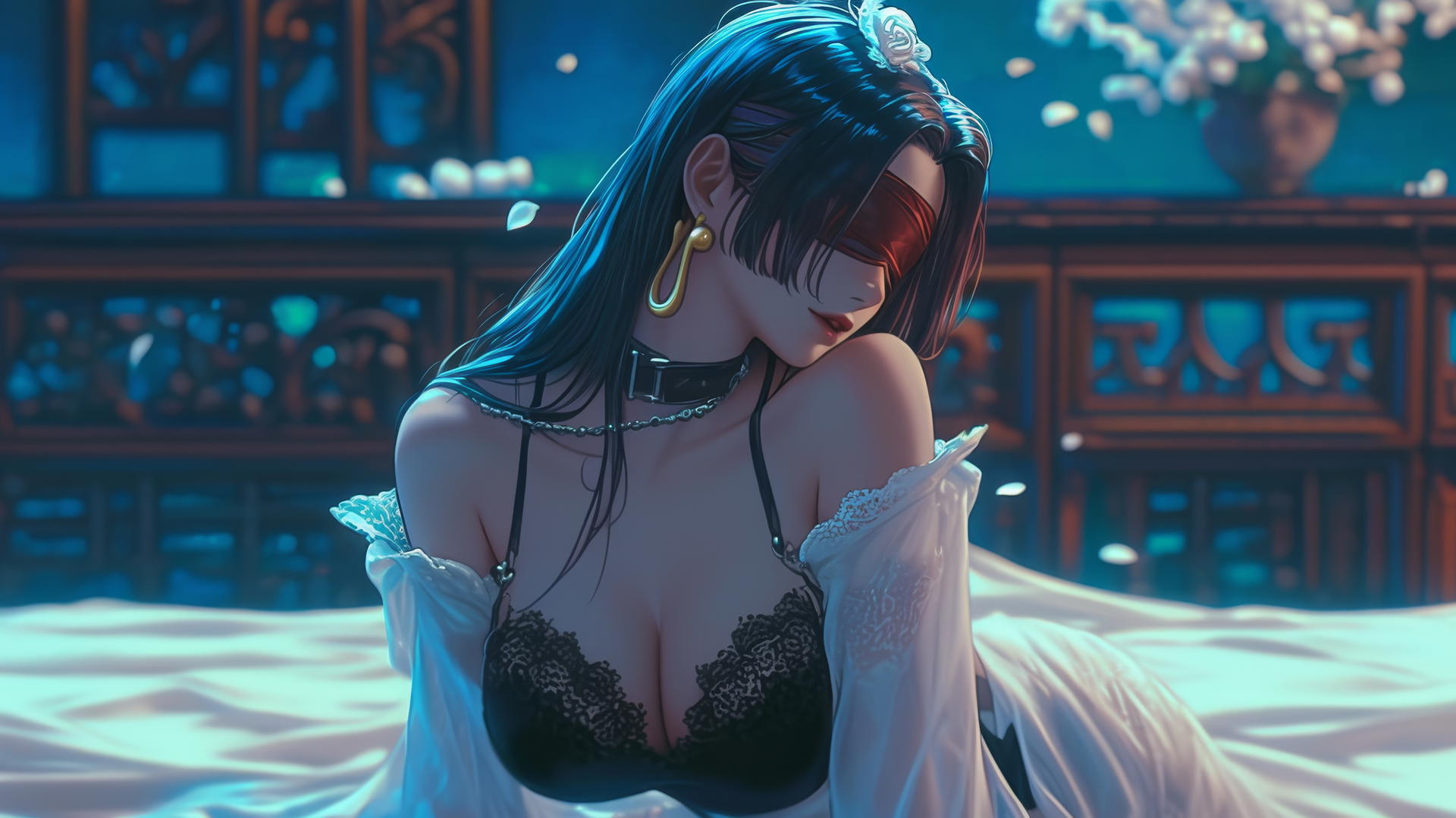 Boa Hancock kneeling and blindfolded in a neon-lit modern hotel room