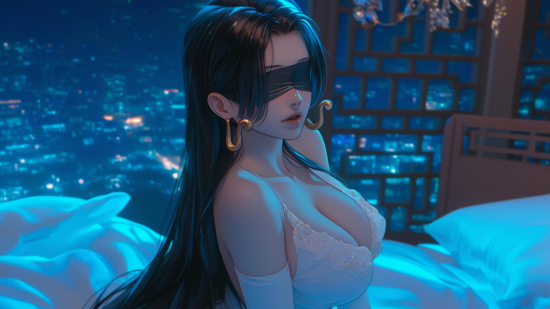 Beautiful blindfolded woman kneeling in a romantic modern hotel room with neon lighting.