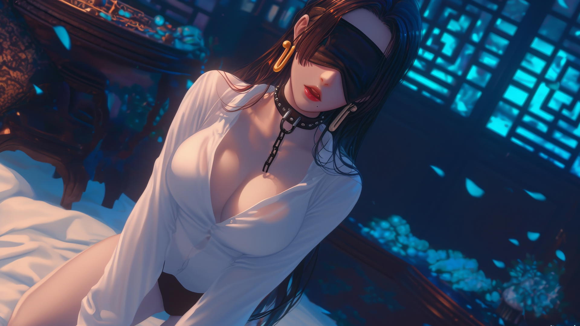 Boa Hancock from One Piece kneeling in a modern hotel room with romantic neon lights, blindfolded, and screaming.