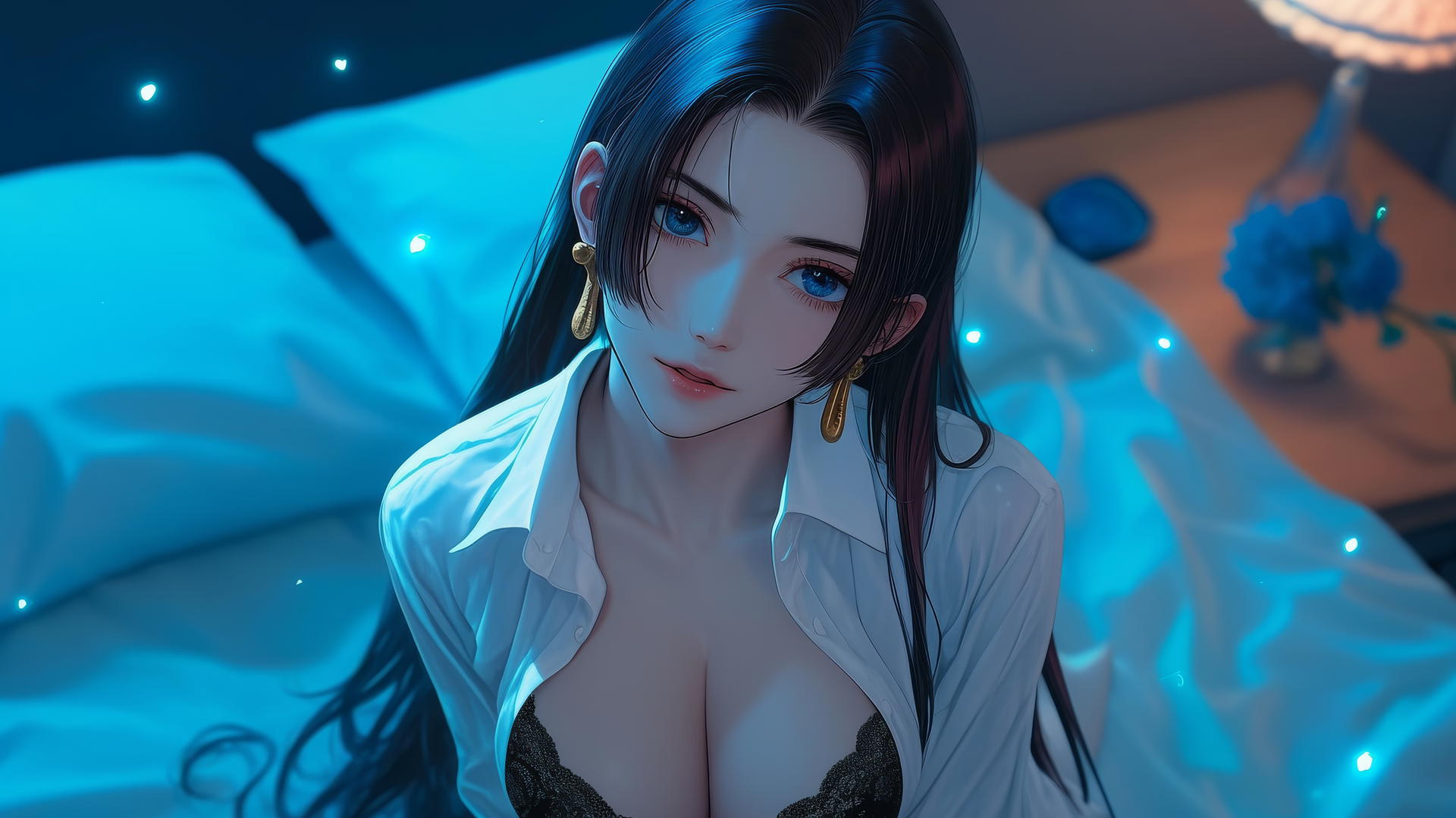 Boa Hancock in white office shirt, kneeling in neon-lit modern hotel room