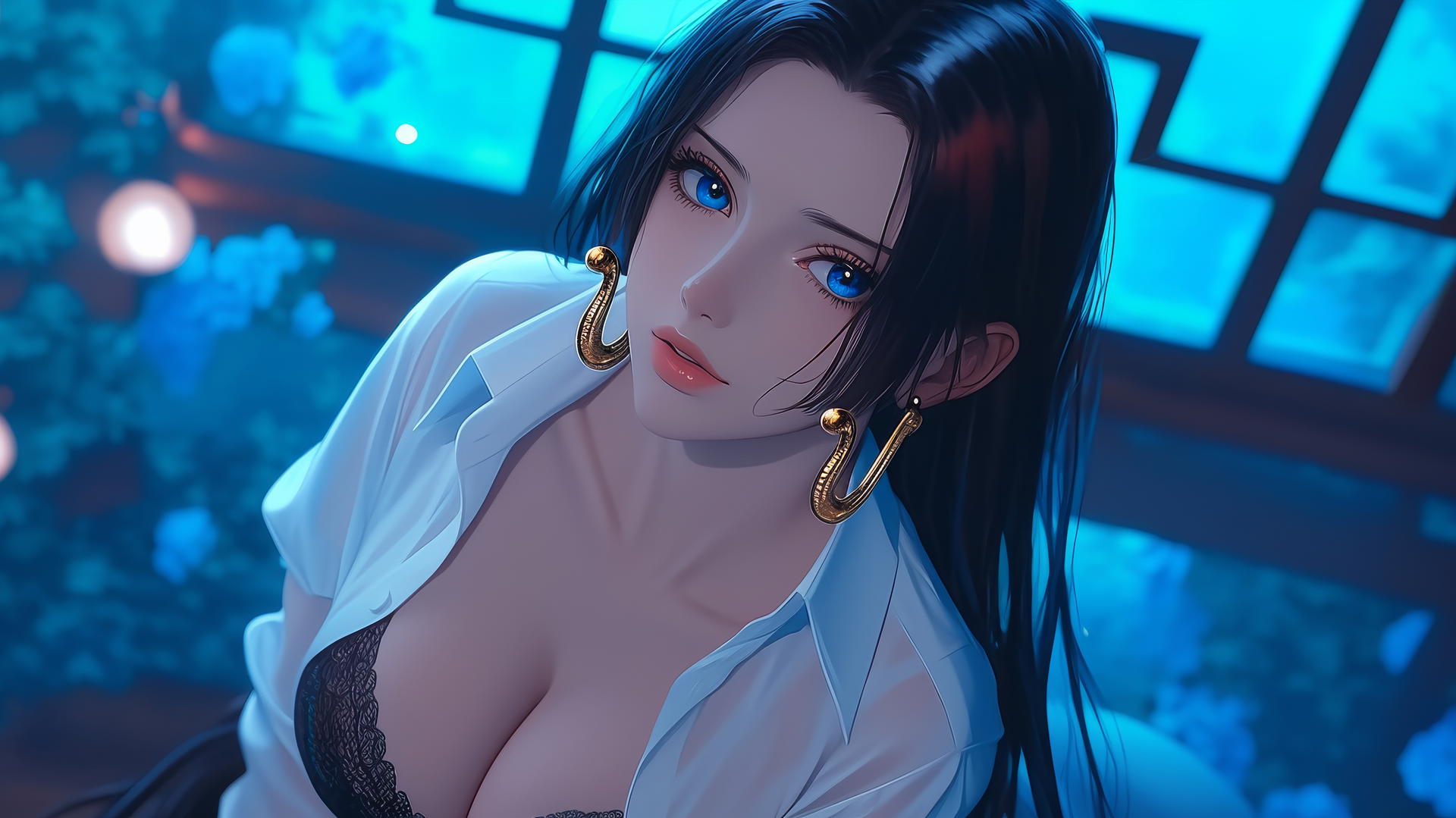 Boa Hancock kneeling in a white office shirt, neon-lit modern hotel room.