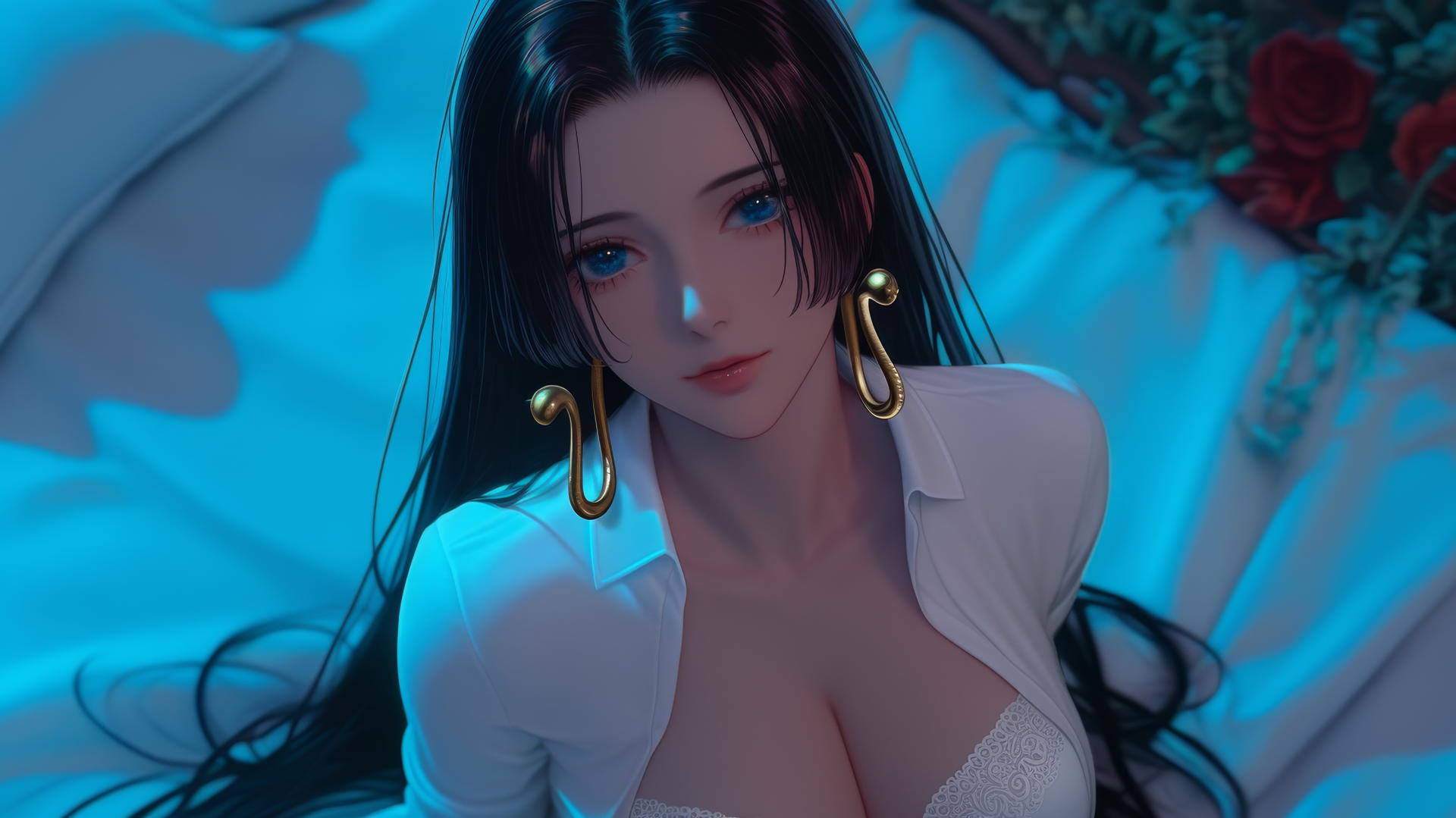 Boa Hancock from One Piece in a white office shirt, kneeling under neon light in a hotel room