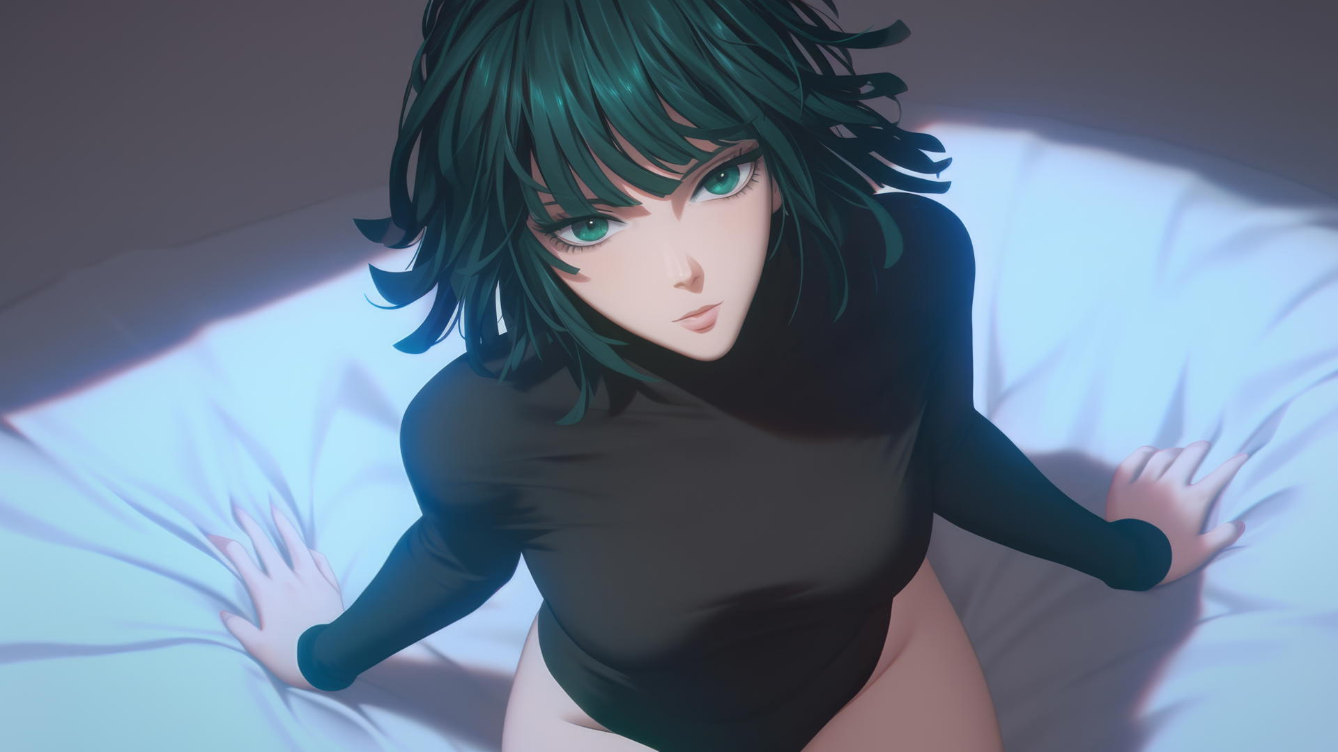Fubuki from One Punch Man kneeling, looking up, neon-lit modern hotel room