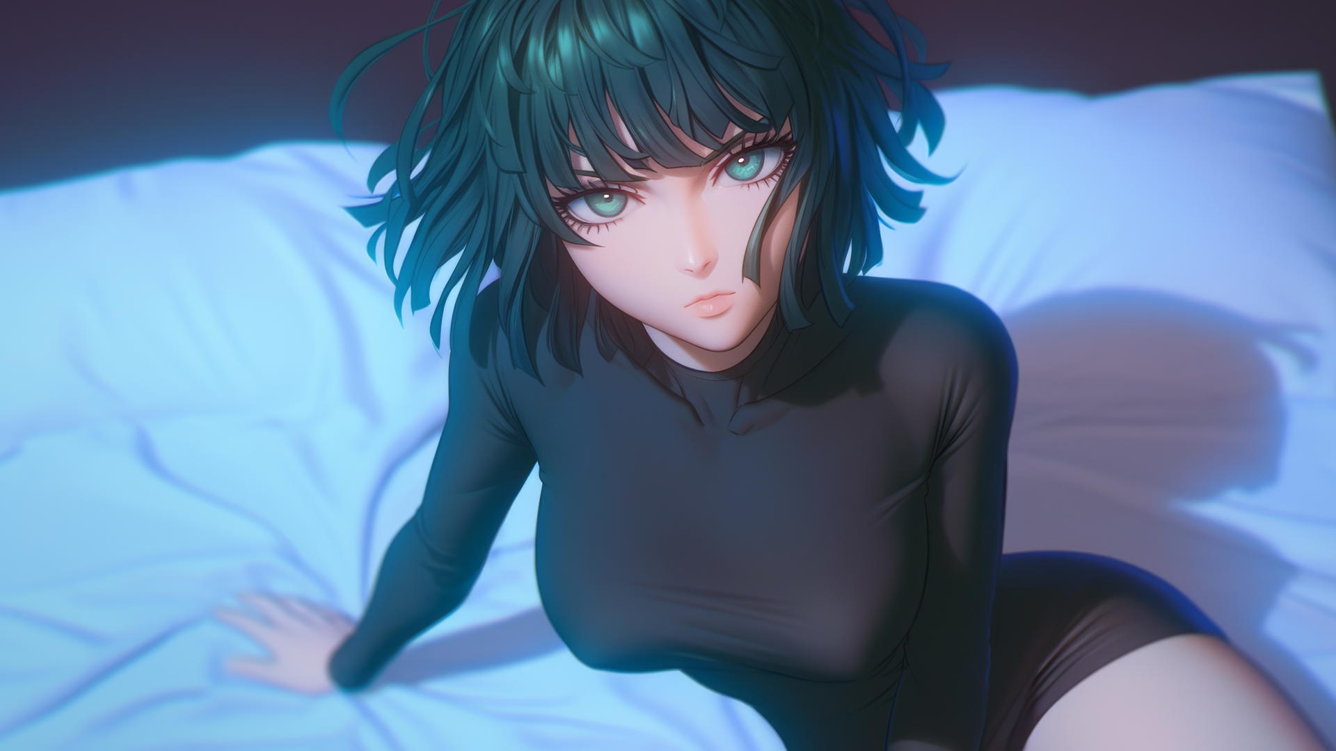 Fubuki from One Punch Man kneeling and looking up, neon-lit hotel room.