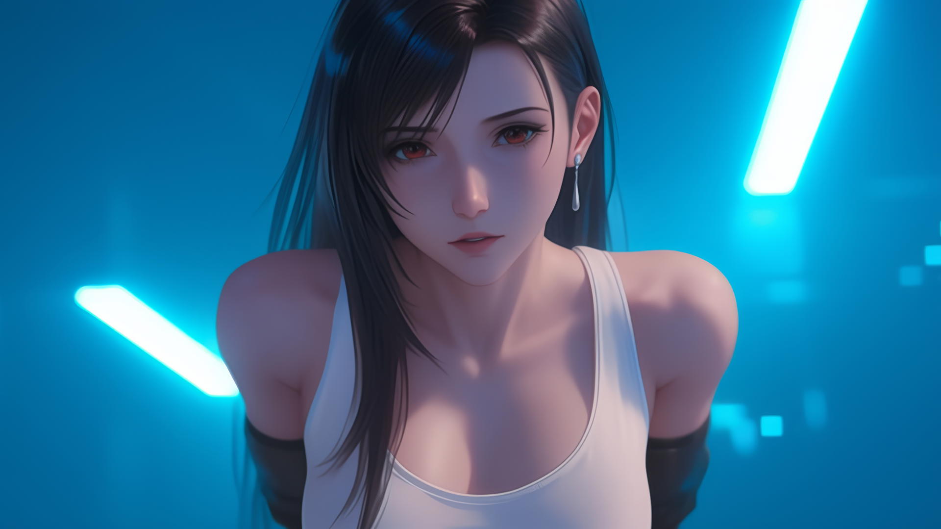 Tifa Lockhart in a broken white t-shirt, seen from below with a hotel ceiling background, bathed in soft neon light.