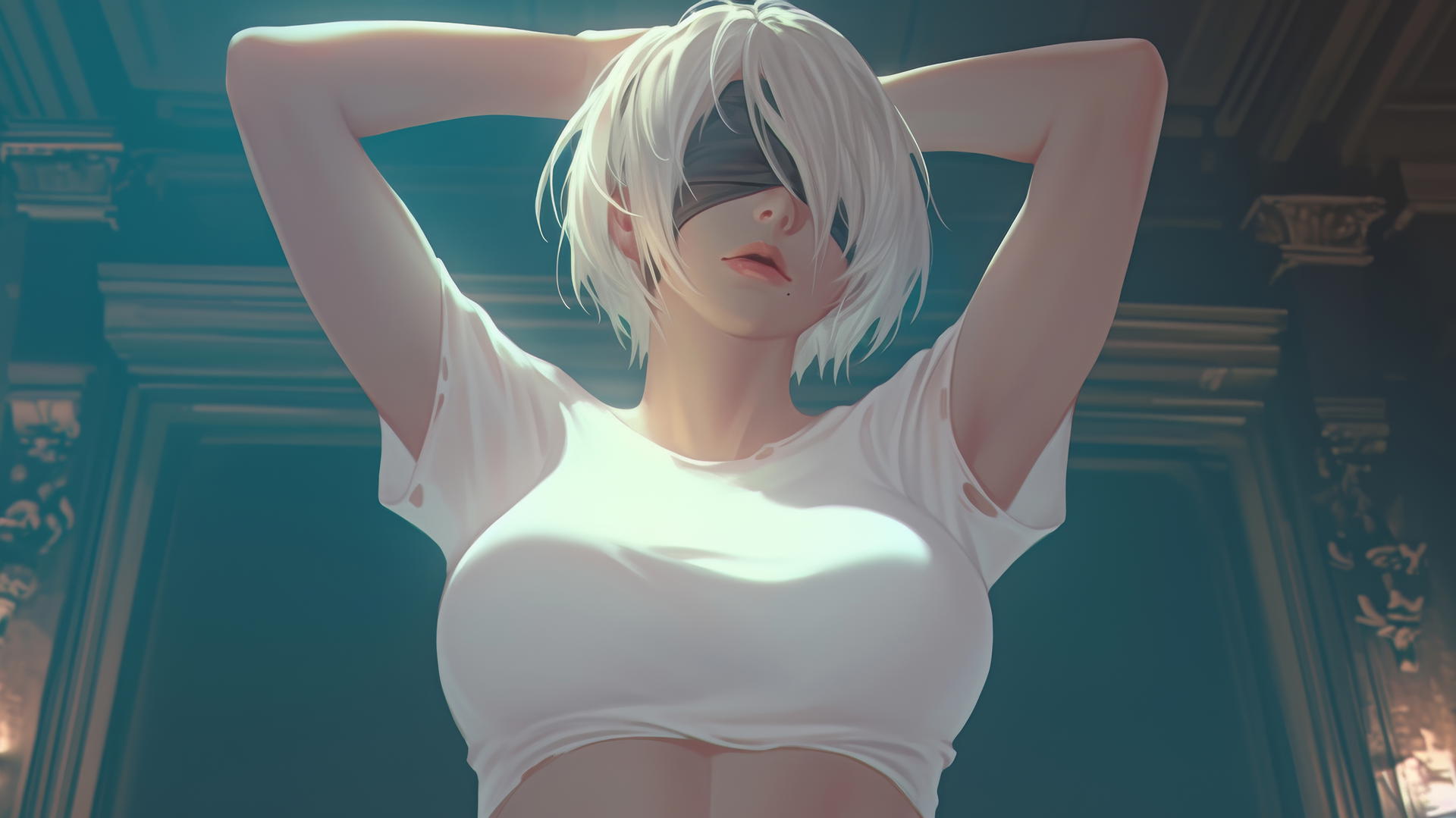 2B from Nier wearing a broken white t-shirt and blindfold, kneeling and looking down with a hotel ceiling behind her.