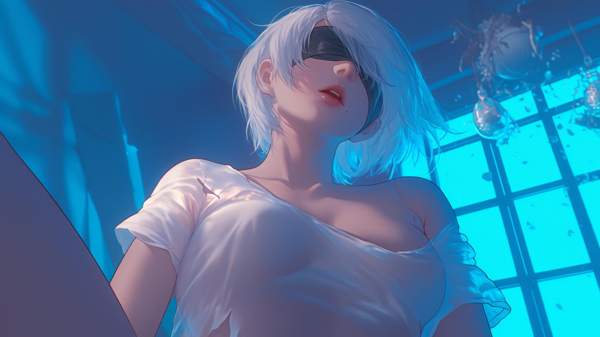 2B from Nier in a broken white t-shirt and blindfold, howling under neon-lit hotel ceiling