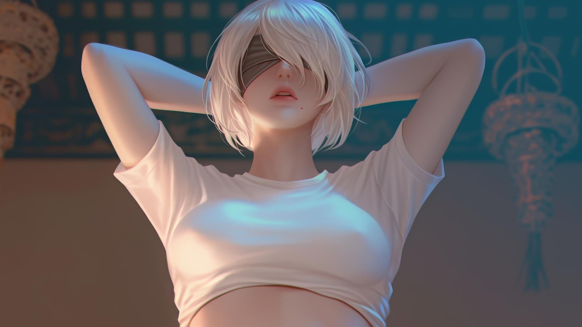 2B from Nier in a broken white t-shirt, kneeling, with a neon-lit hotel ceiling background.