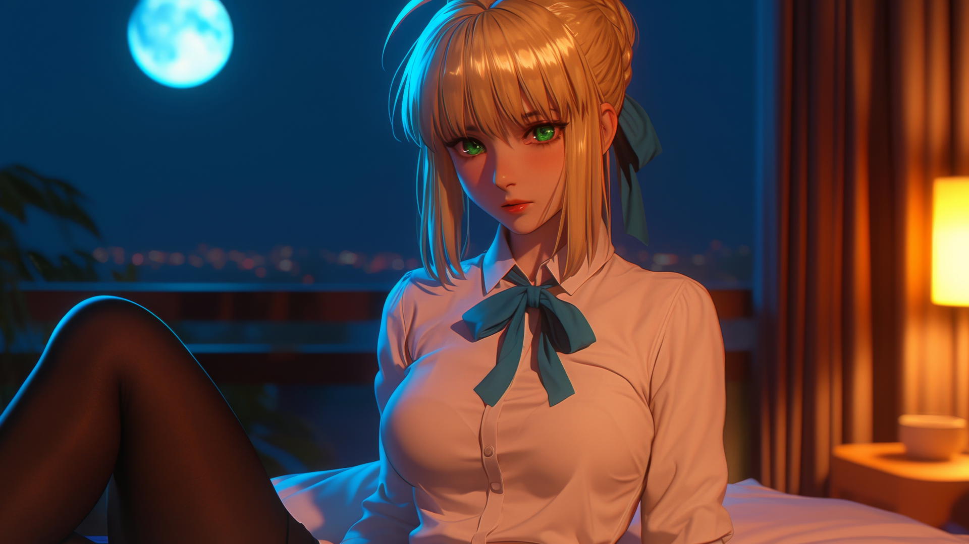 Saber from Fate Zero with green eyes, sitting in modern hotel room under moonlight.