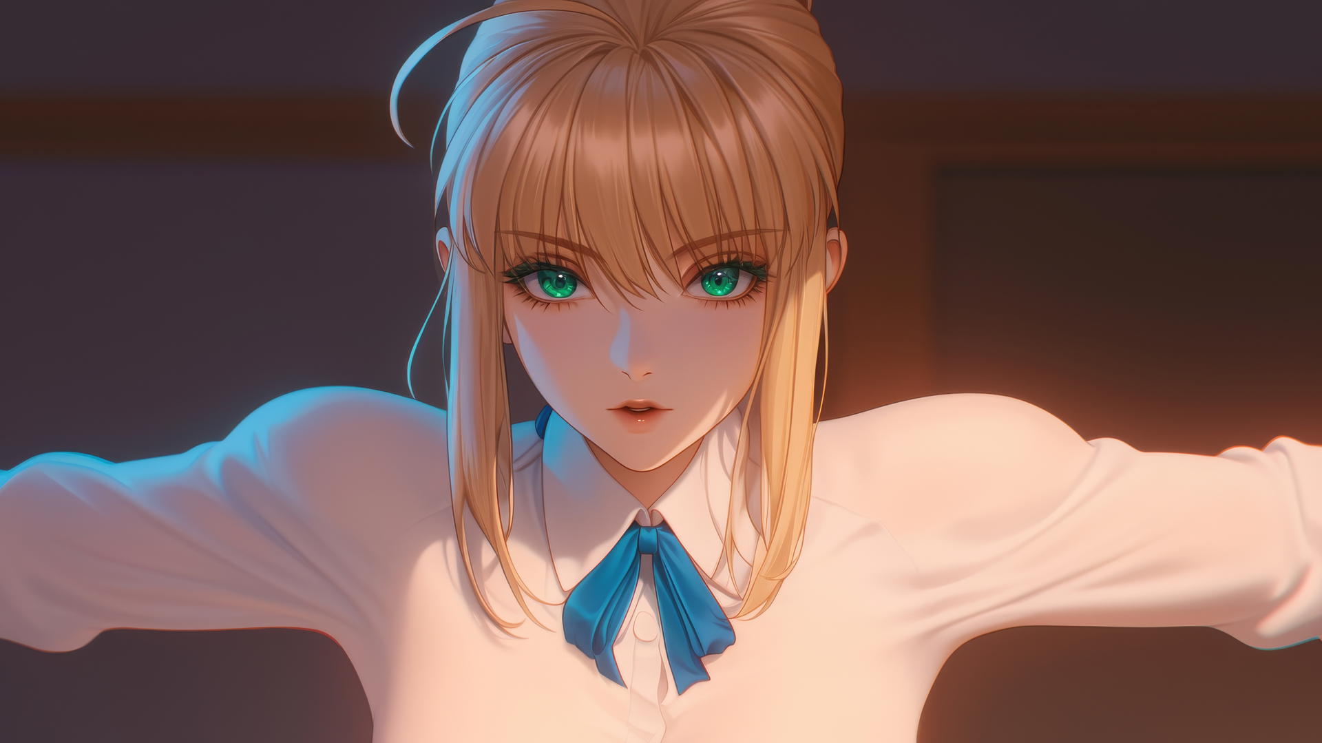 Saber from Fate Zero, kneeling and leaning, seen from below with green eyes and a ceiling background.