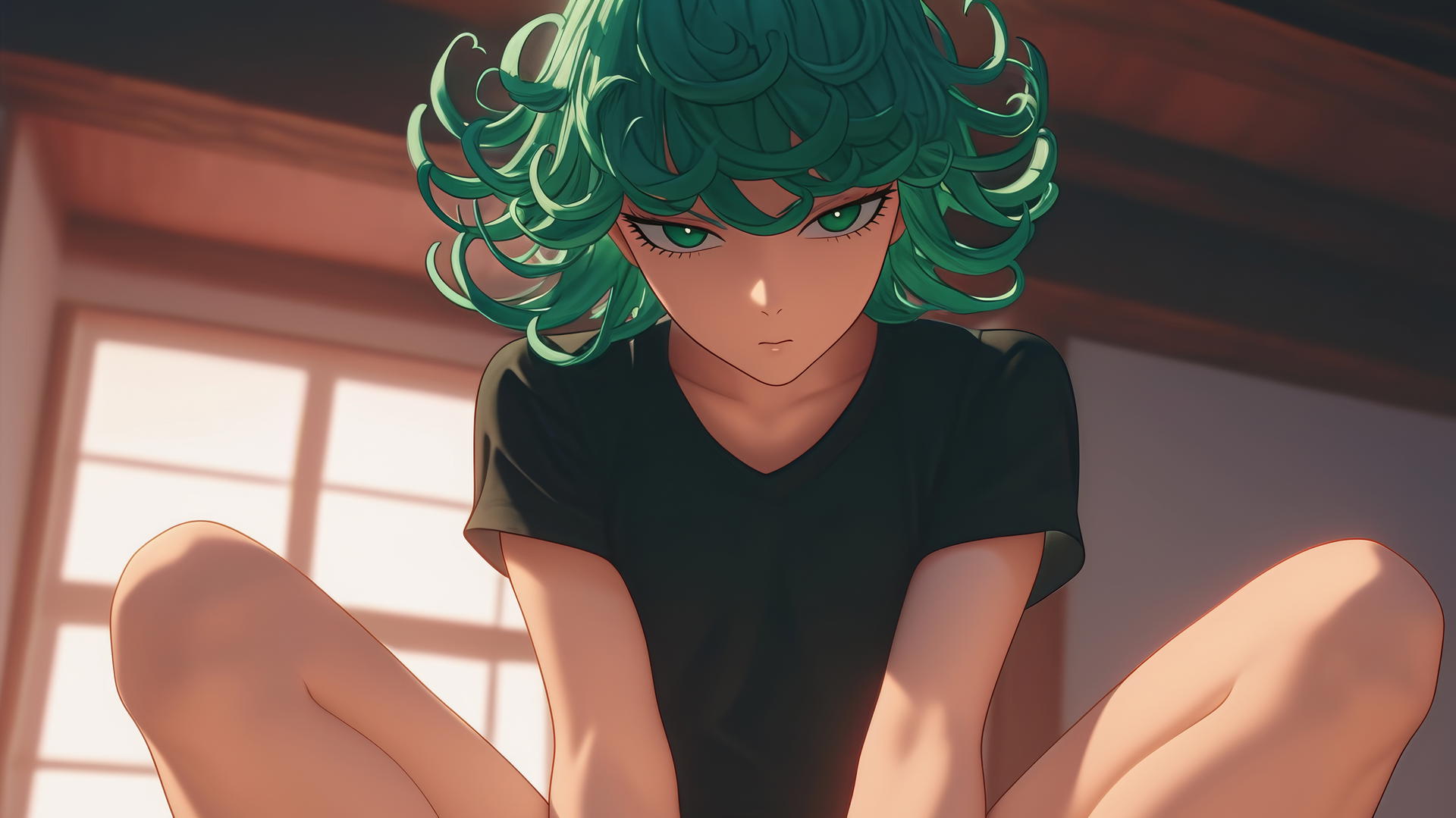 Tatsumaki from One-Punch Man kneeling, leaning forward with emerald green eyes and hair.