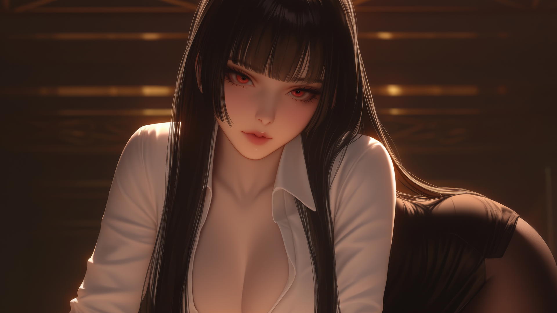 Yumeko Jabami from Kakegurui in white office shirt kneeling, leaning down.