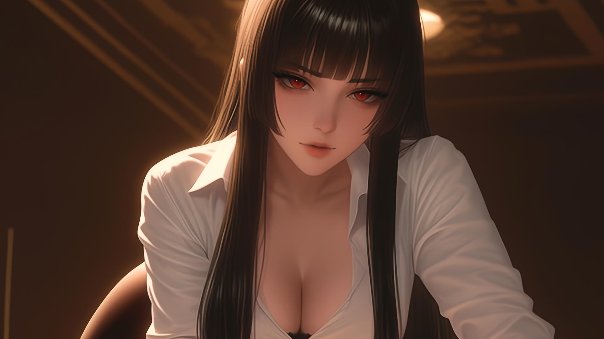 Yumeko Jabami kneeling, leaning forward, in white office shirt, seen from below, with warm light