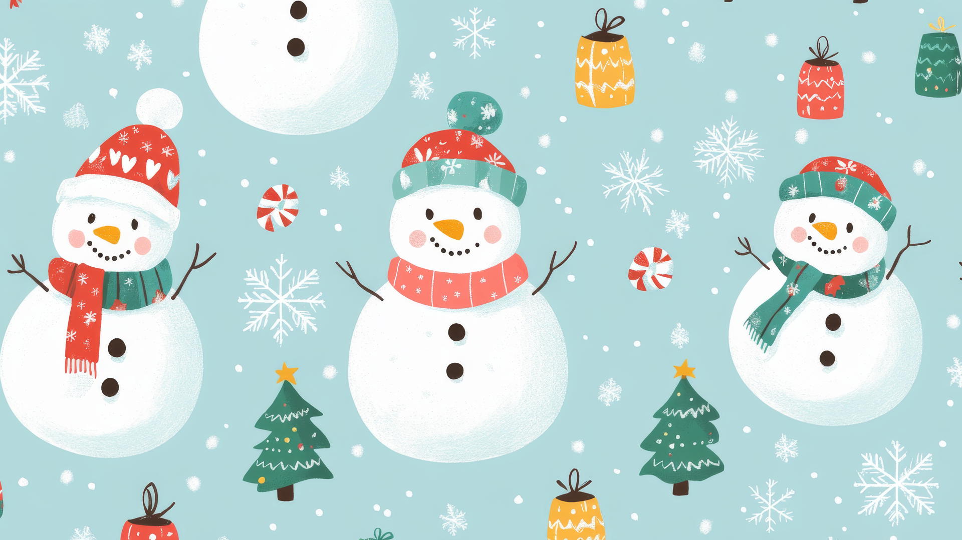cheerful snowmen with colorful scarves and hats, surrounded by snowflakes and Christmas trees in a cute preppy Christmas wallpaper